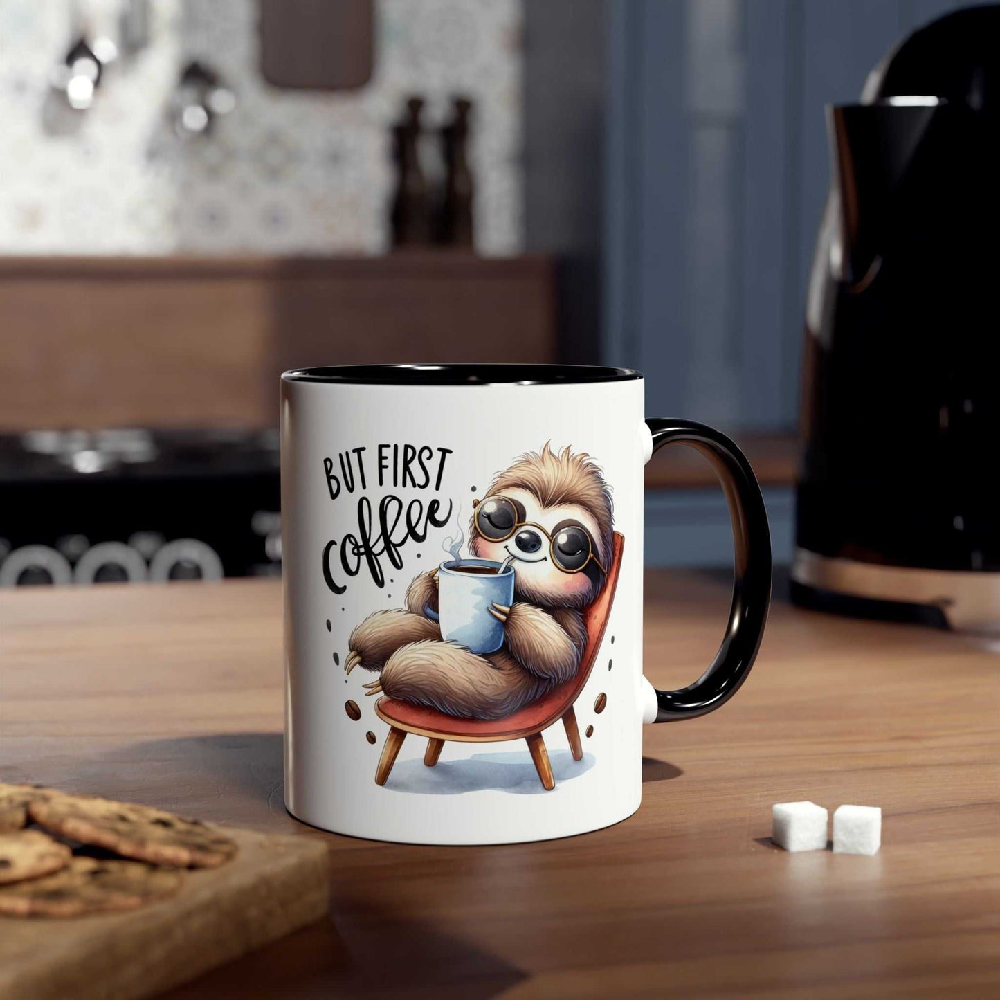Cute sloth coffee mug with whimsical design, 11oz ceramic, dishwasher and microwave safe.
