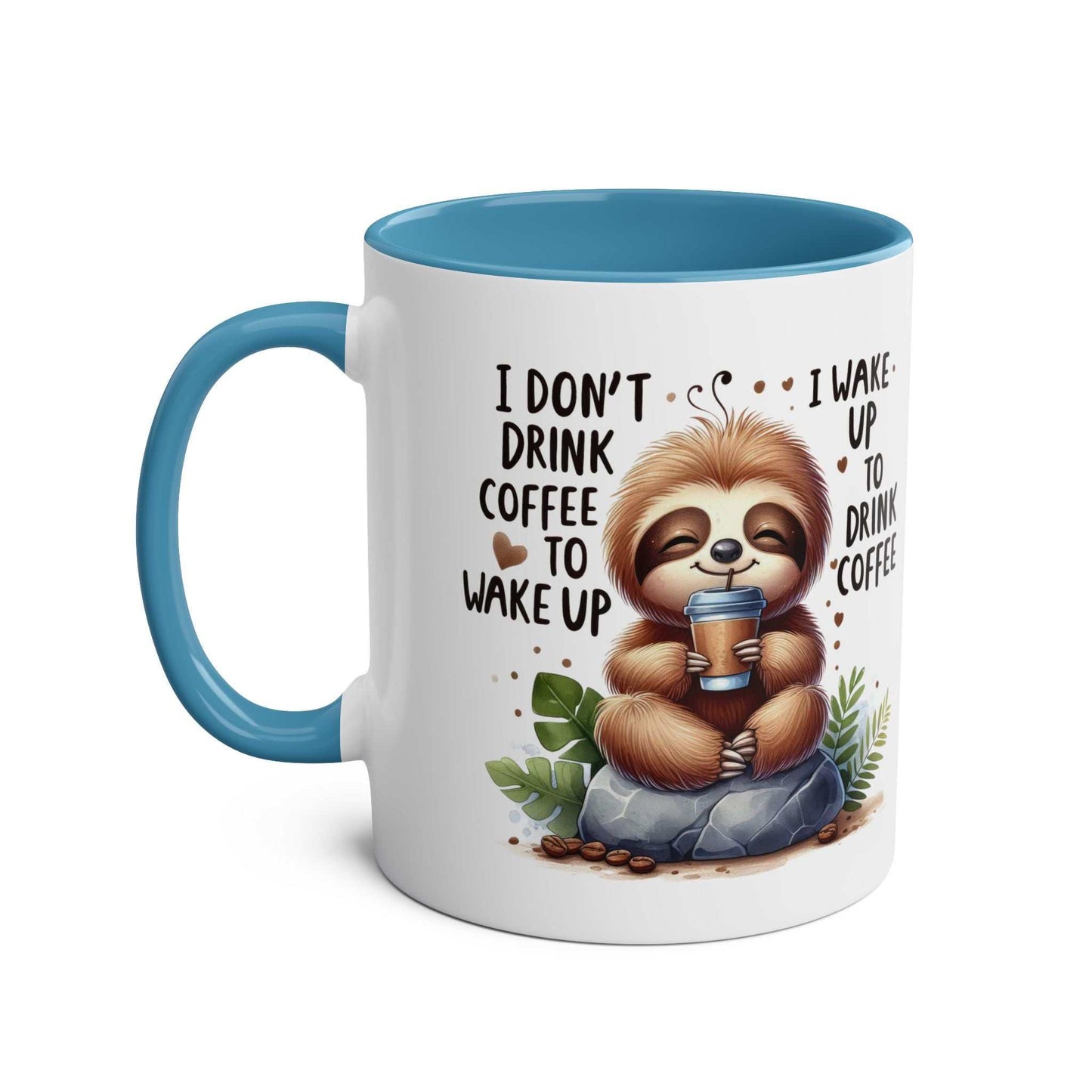 Cute sloth coffee mug with whimsical design and blue handle.