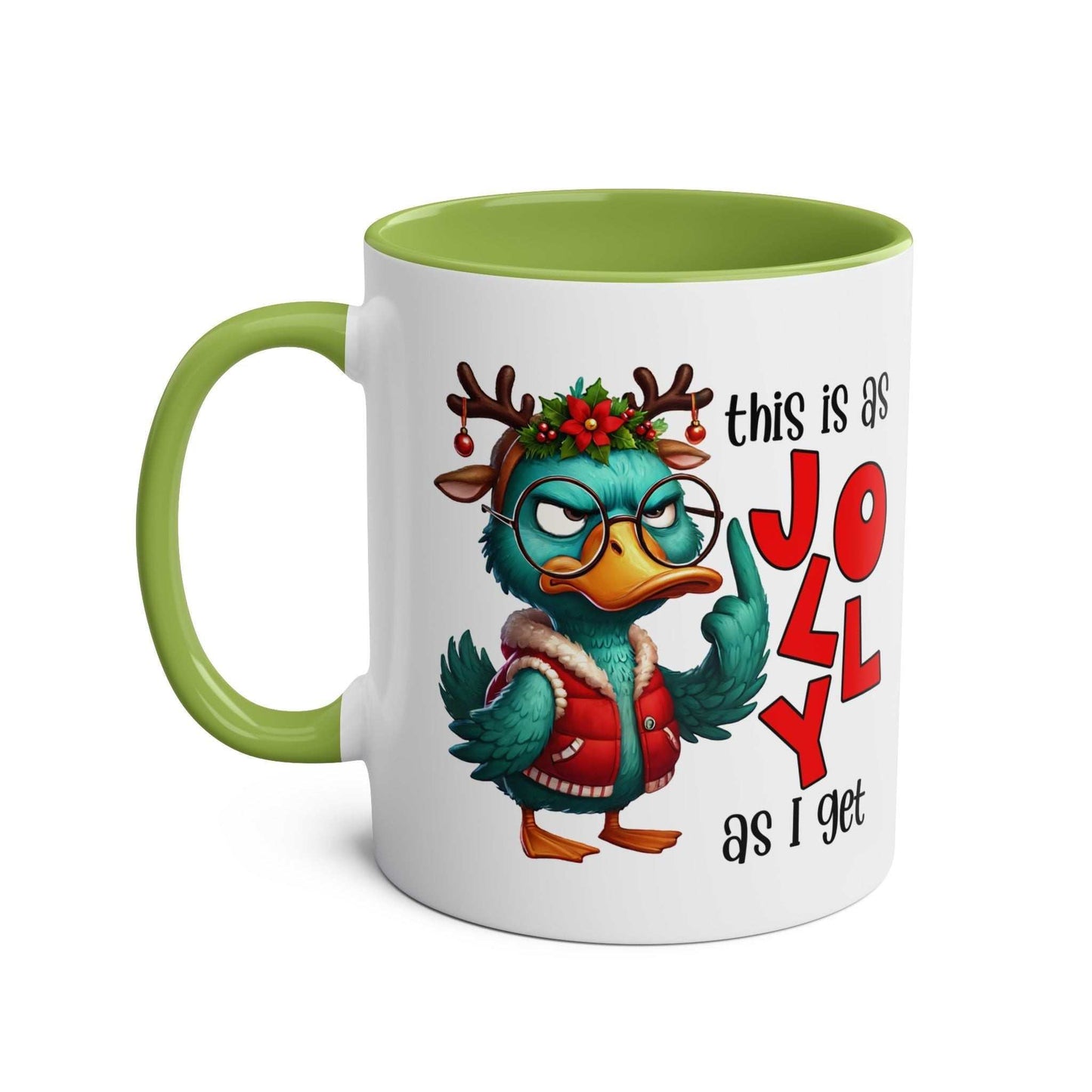 Sarky Christmas Mug with duck design and humorous text, green handle, 11oz ceramic.