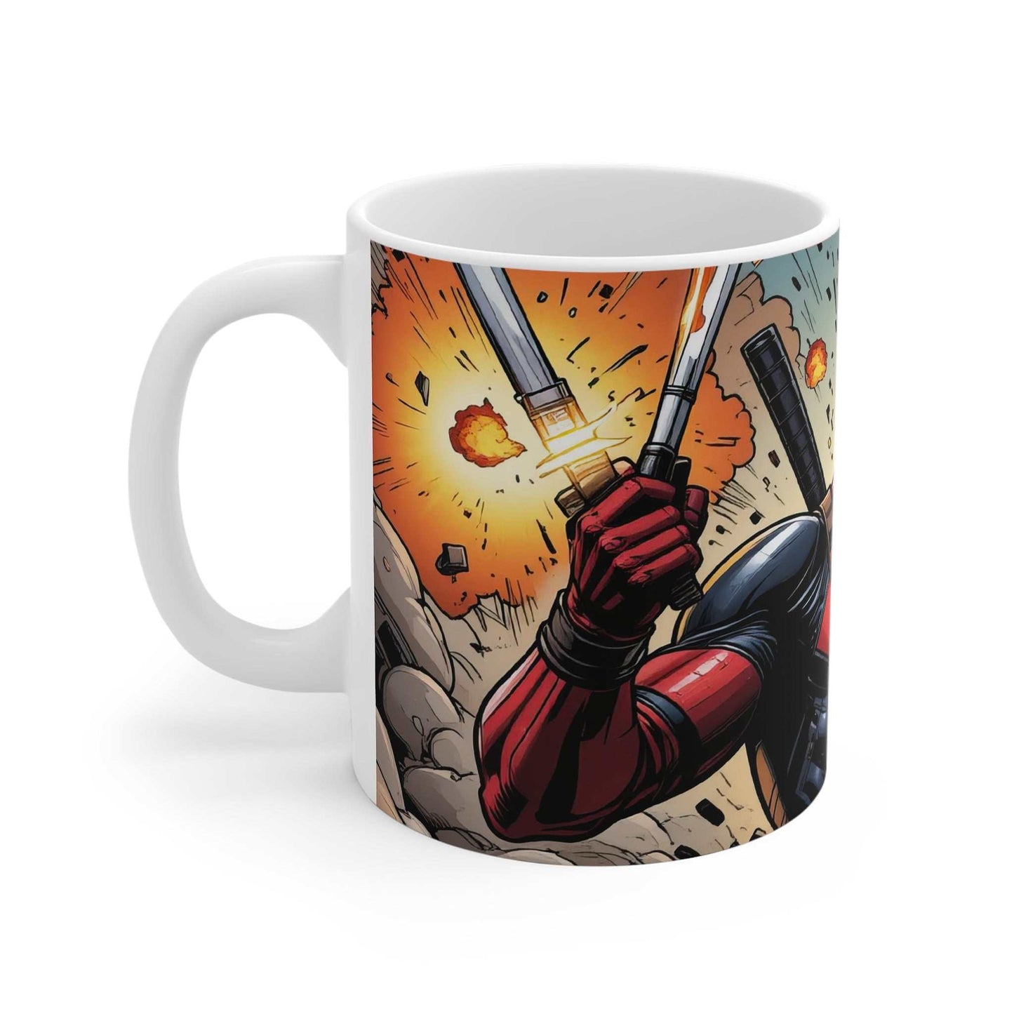 Deadpool inspired comic superhero mug with bold design and glossy finish.