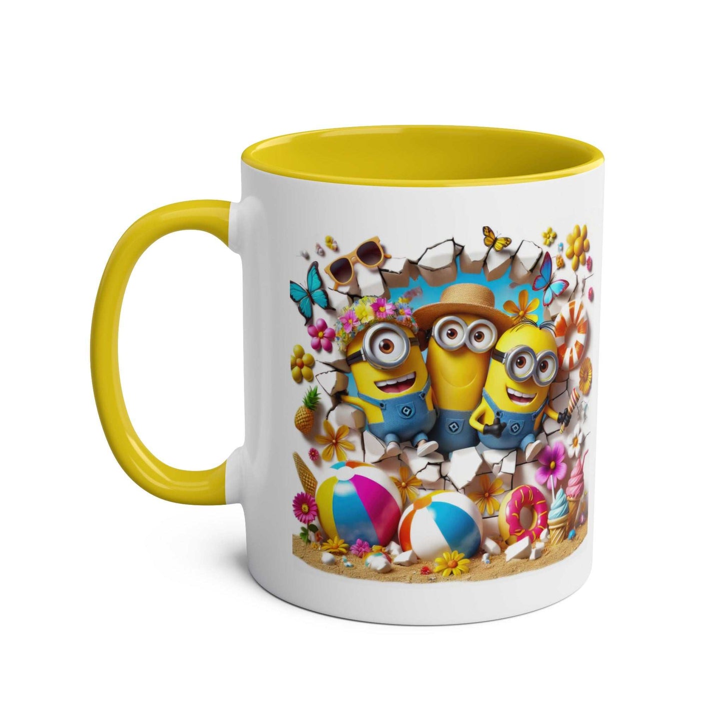 Minion beach themed coffee mug with playful design, glossy finish, and vibrant colors.