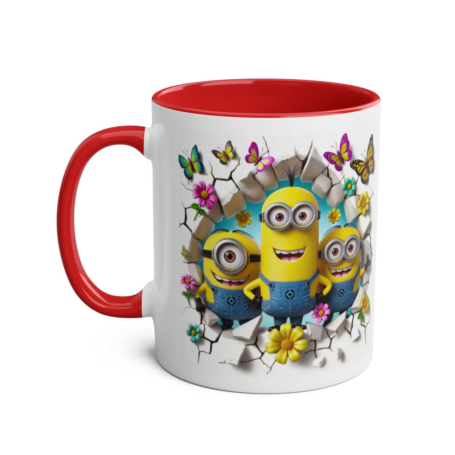 Minion Inspired Coffee Mug with playful characters and floral design, 11oz ceramic, red interior and handle.