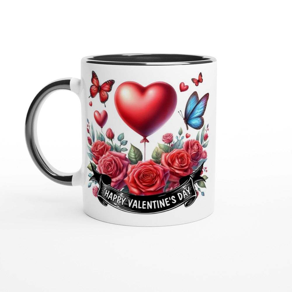 Gorgeous Valentines Day mug with vibrant heart and roses design, 11oz ceramic, colored rim, dishwasher and microwave safe.