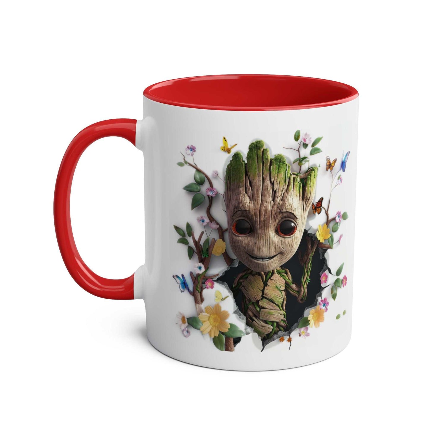 Baby Groot themed mug with colorful floral design, red interior and handle.