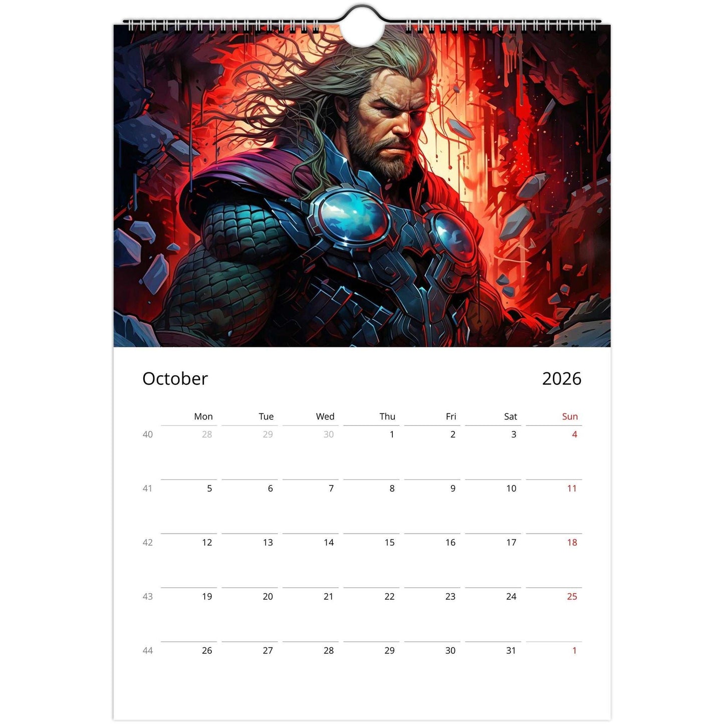Superhero Calendar 2026 October page featuring bold comic-inspired superhero artwork with dates and spiral binding