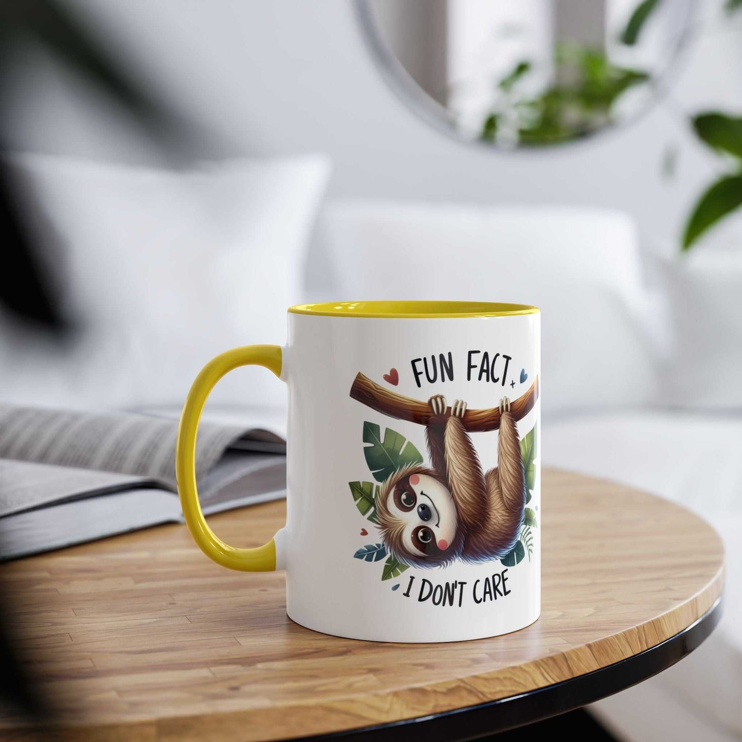 Cute sloth coffee mug with whimsical design and yellow handle.