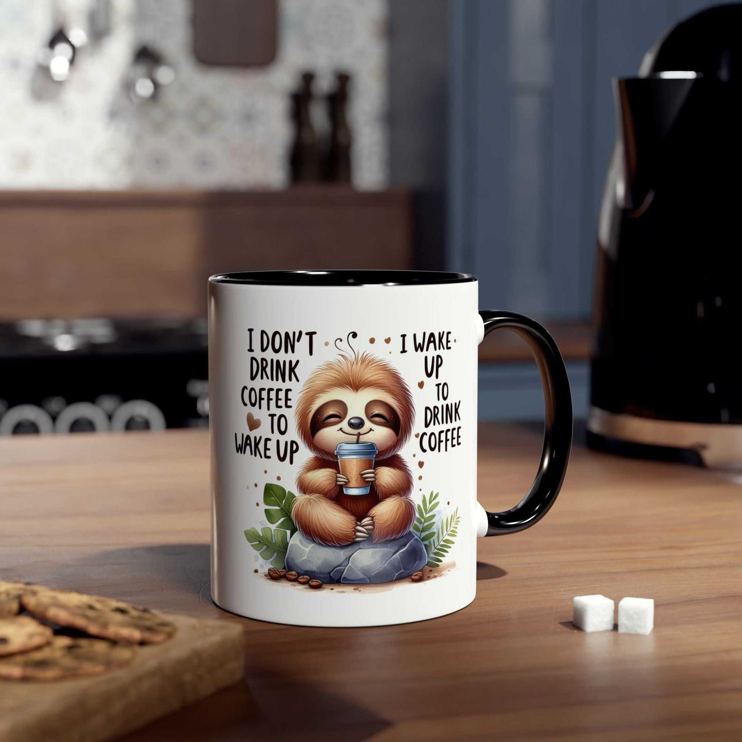 Cute sloth coffee mug with whimsical design, 11oz ceramic, glossy finish, ideal for gifting.