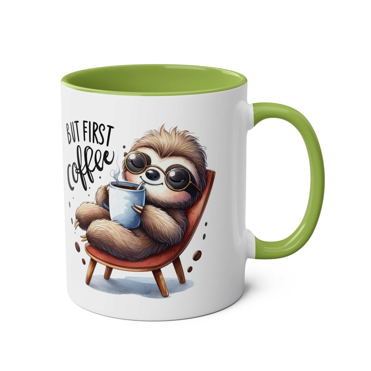 Cute sloth coffee mug with green interior and sloth design, ideal for animal lovers.