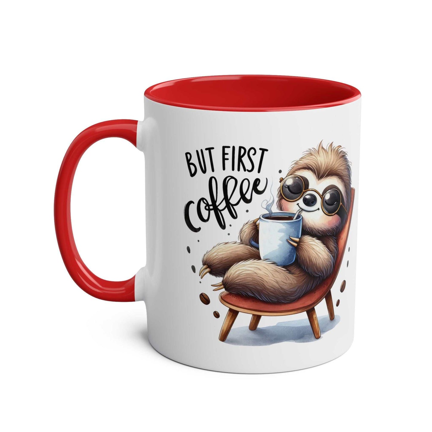 Cute sloth coffee mug with red handle and interior, featuring a lounging sloth design with "But First Coffee" text.