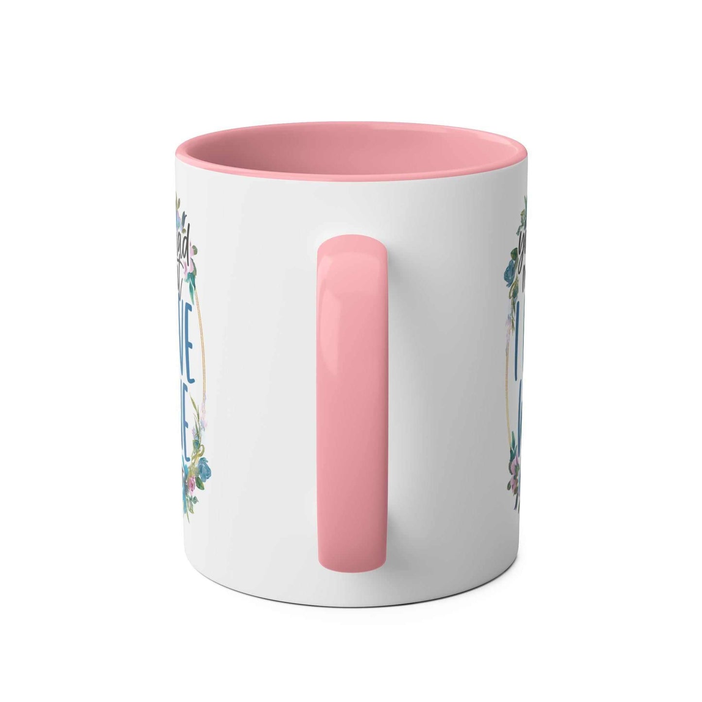 Love Wine Coffee Mug with pink handle, ceramic, glossy finish.