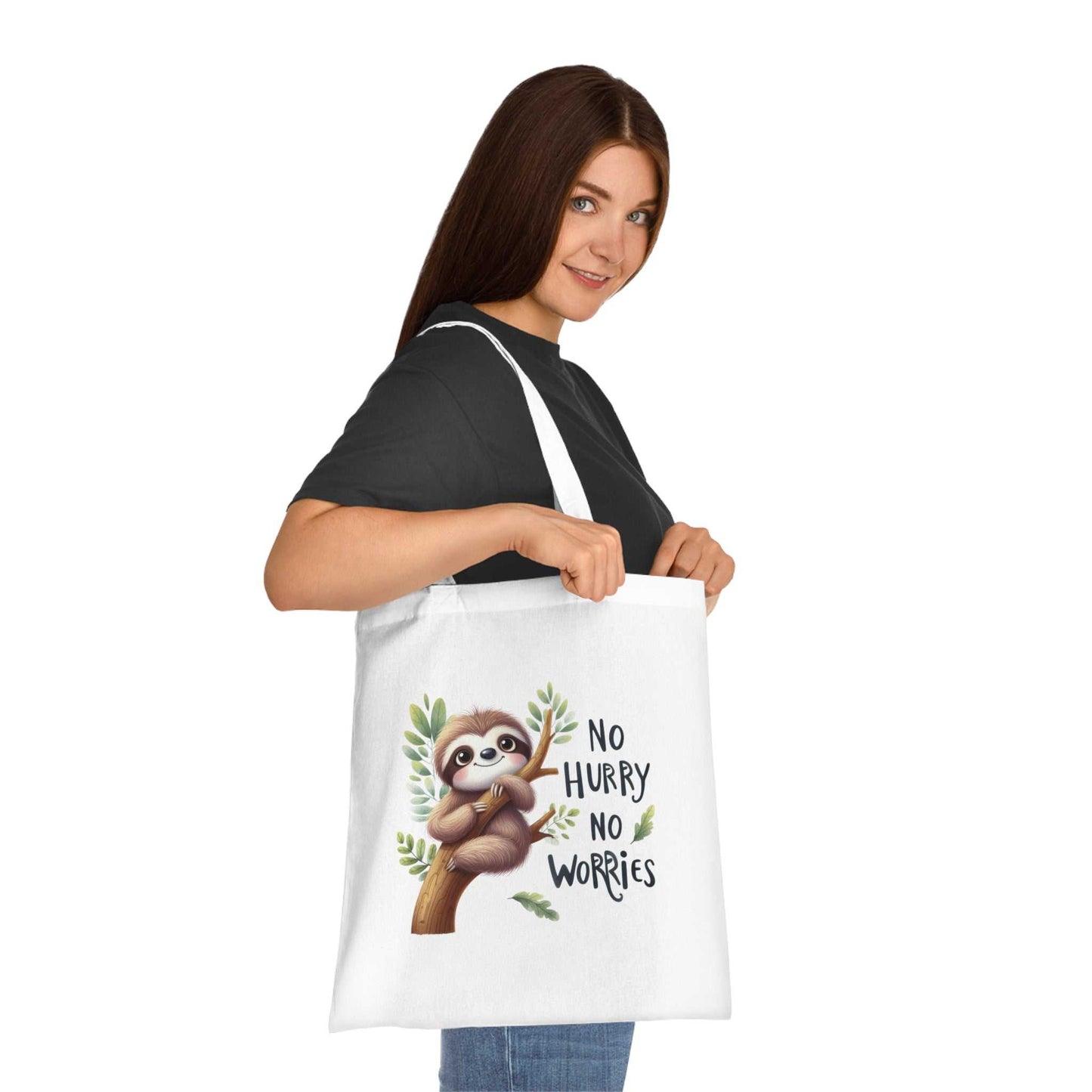Cotton tote bag with cute sloth design and "No Hurry No Worries" text.