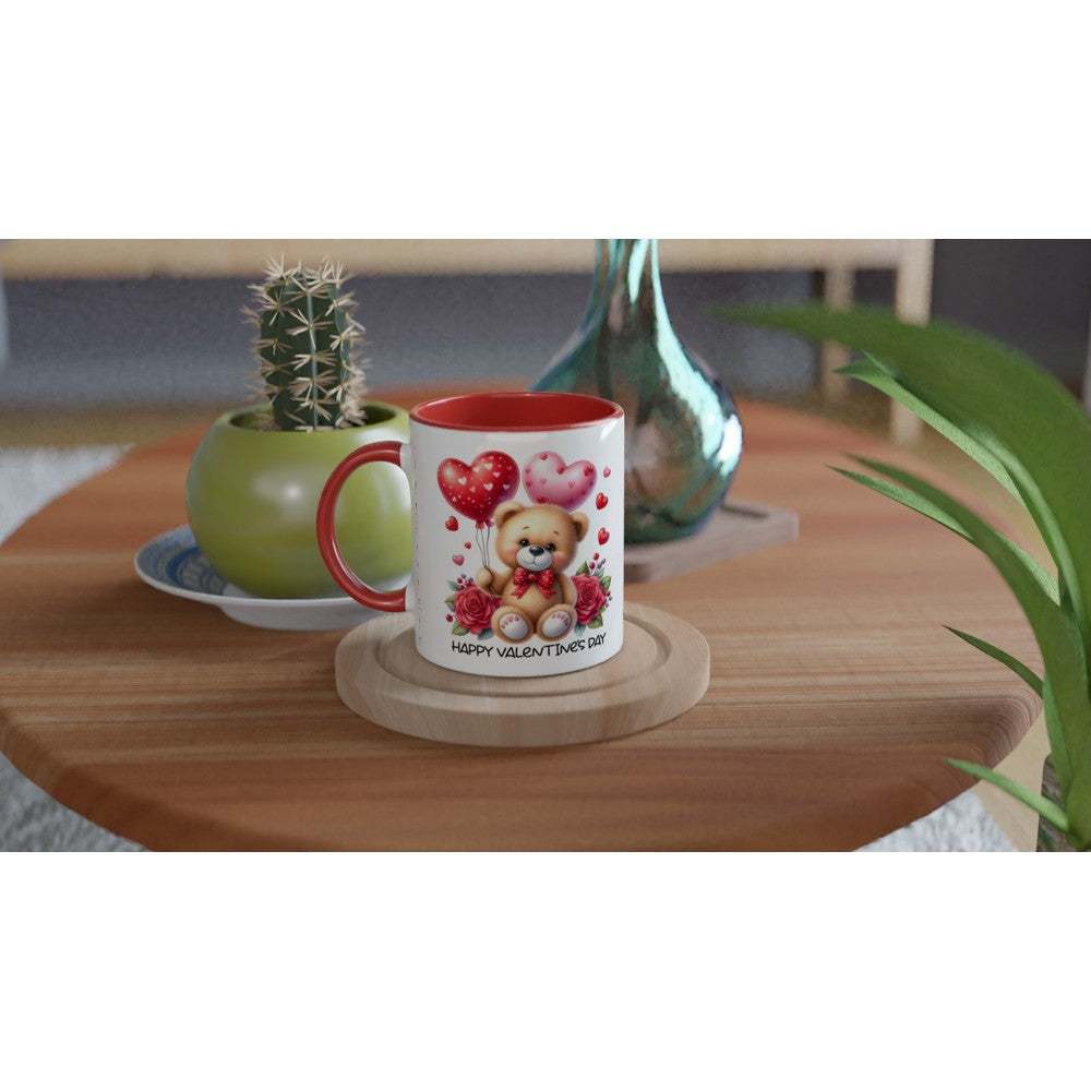 Valentine's Day ceramic mug with colorful rim and handle, featuring a cute teddy bear design.
