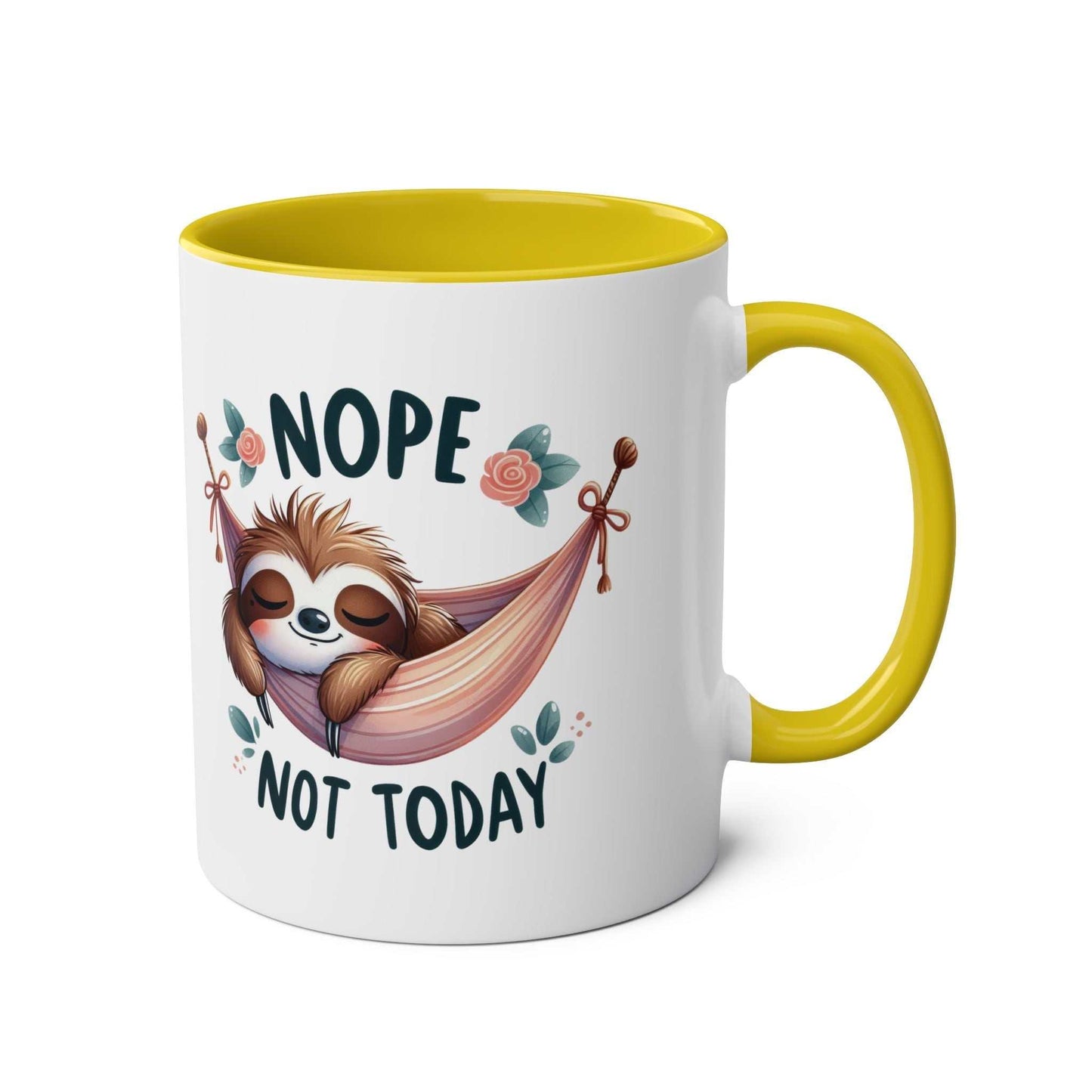 Cute sloth coffee mug with "Nope Not Today" design, yellow handle, and inner rim.