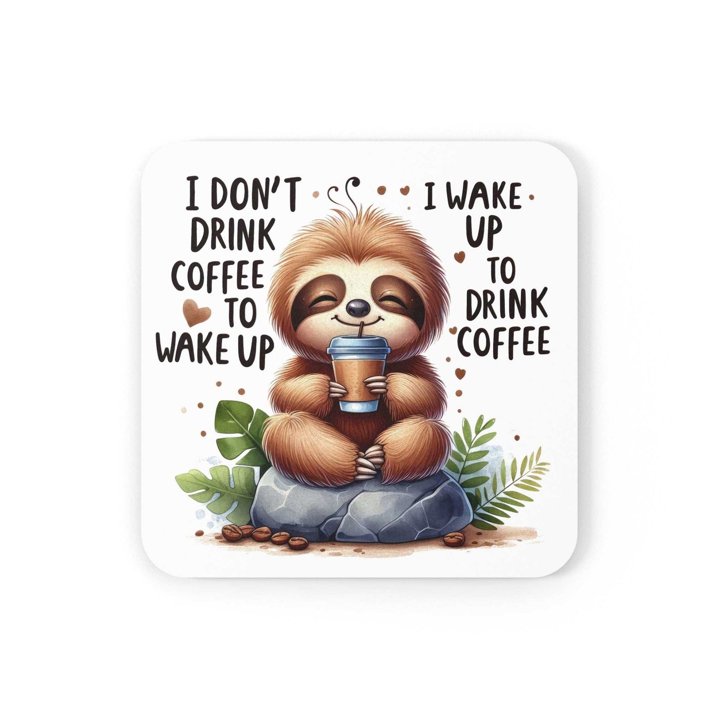 Cute sloth coaster with non-slip cork back and high-gloss finish, featuring an adorable sloth illustration.