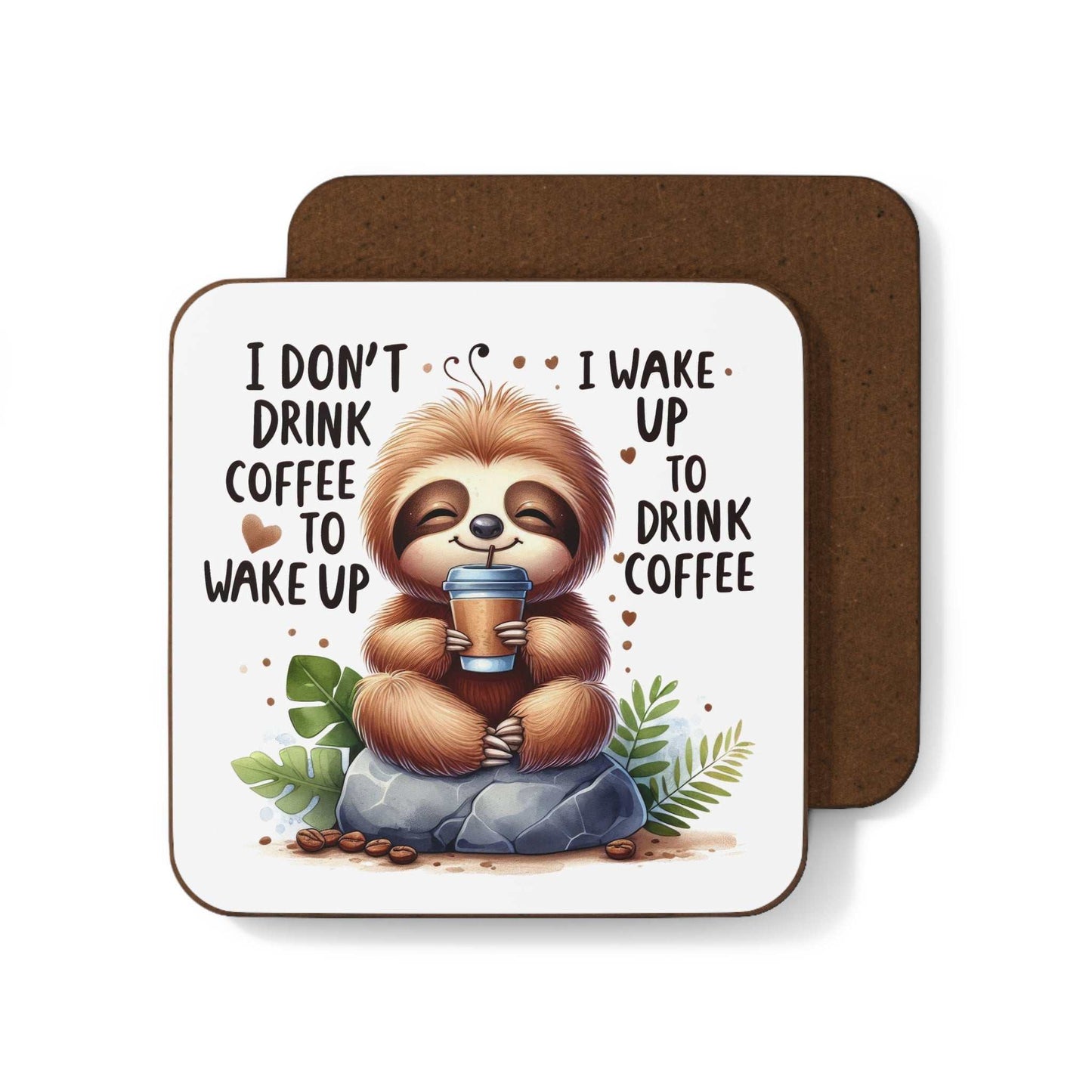 Cute sloth coaster with non-slip cork back and high-gloss finish featuring a playful sloth holding coffee.