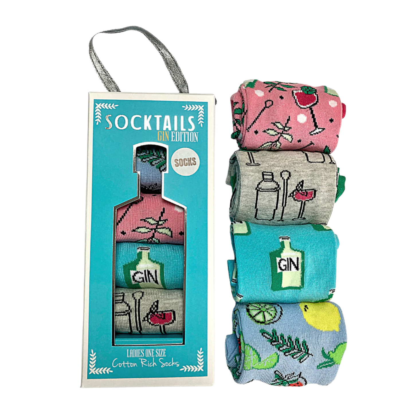 Socktails Gift Set Gin Addition with four colorful cocktail-themed socks in festive box.