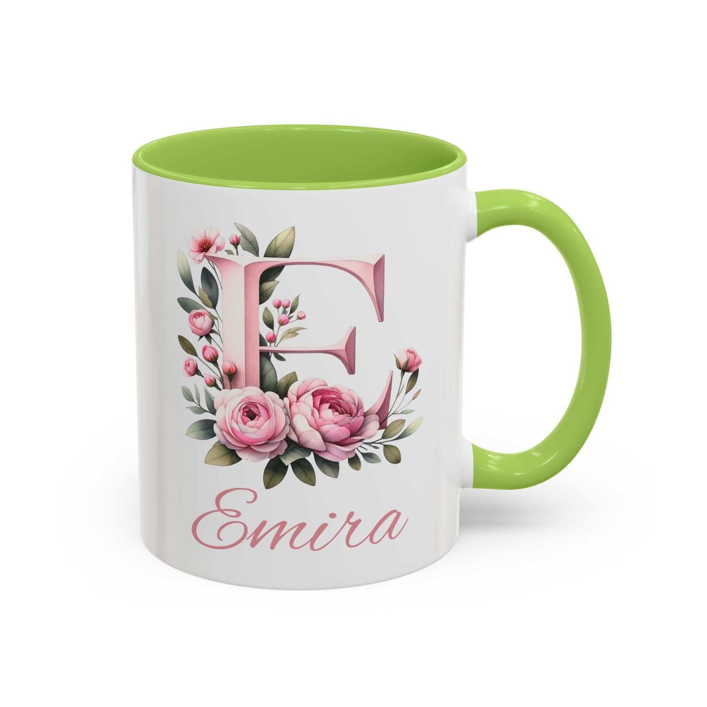 Personalised watercolour roses gift mug with custom name and initial.