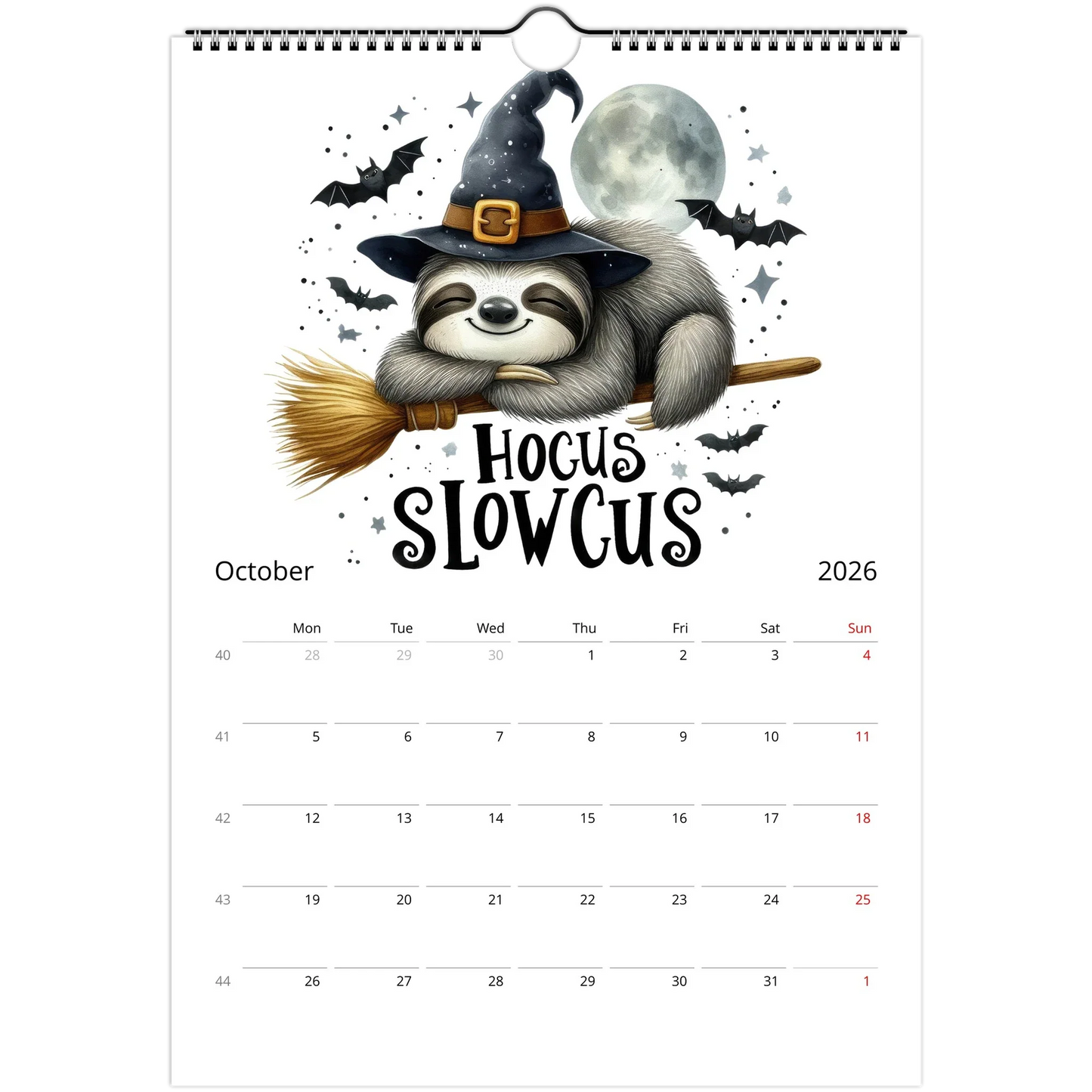 Adorable Sloth Wall Calendar 2026 October page with cute sloth in witch hat on broomstick illustration