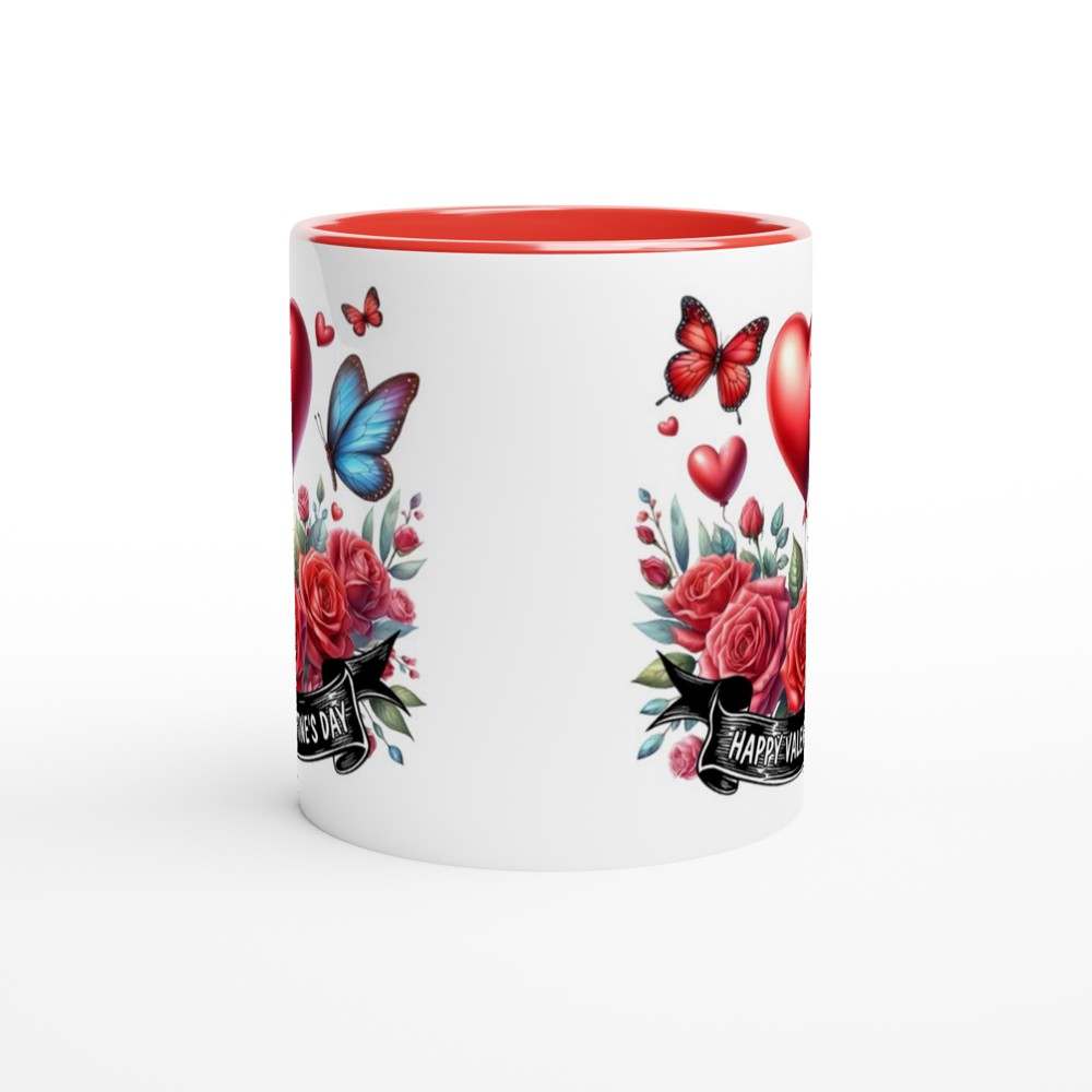 Valentines Day ceramic mug with colorful heart and butterfly design, perfect lovely gift.