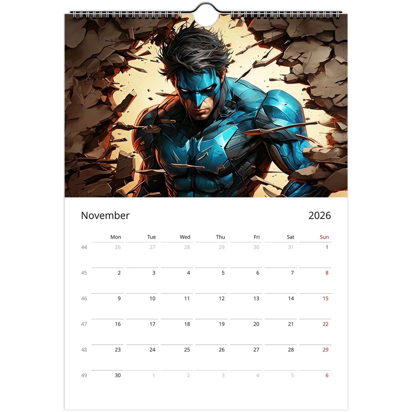 Superhero Calendar 2026 featuring bold comic-style superhero artwork and organized monthly date squares