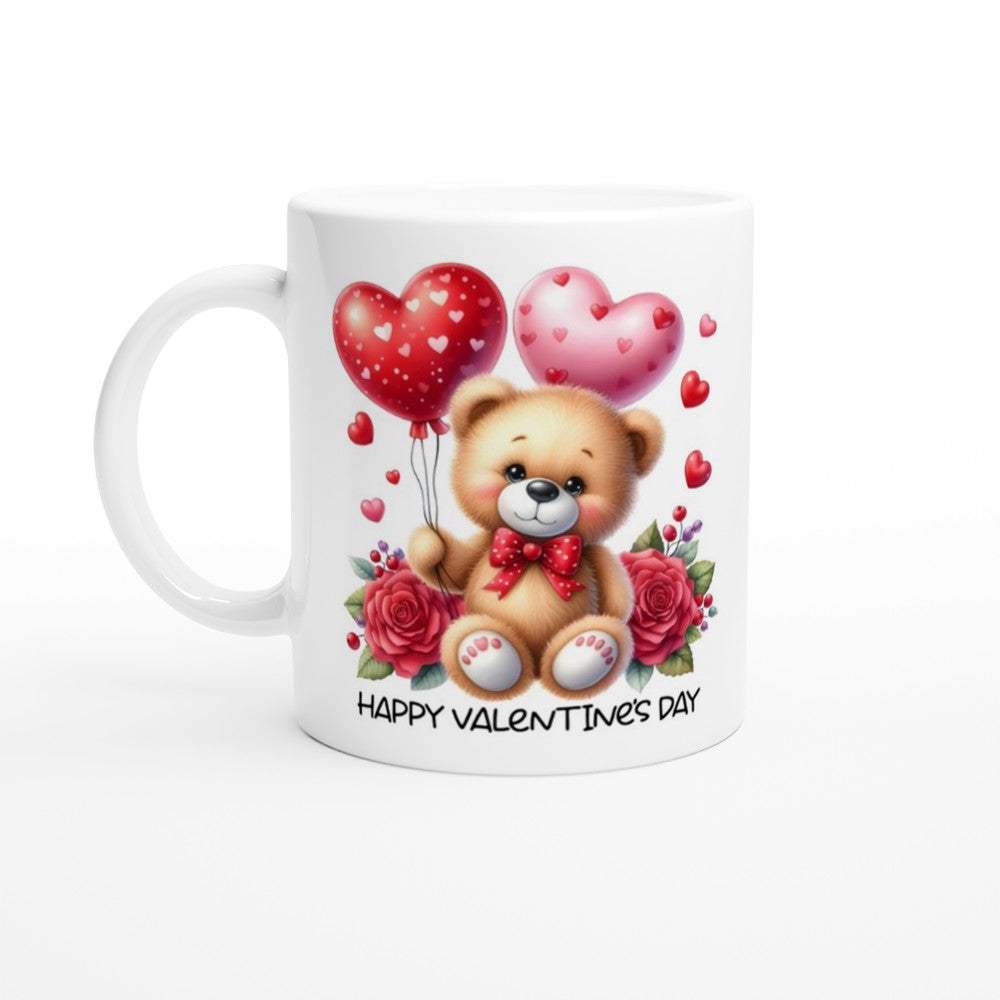 Ceramic coffee cup with teddy bear and heart balloons design, perfect Valentine's Day gift.