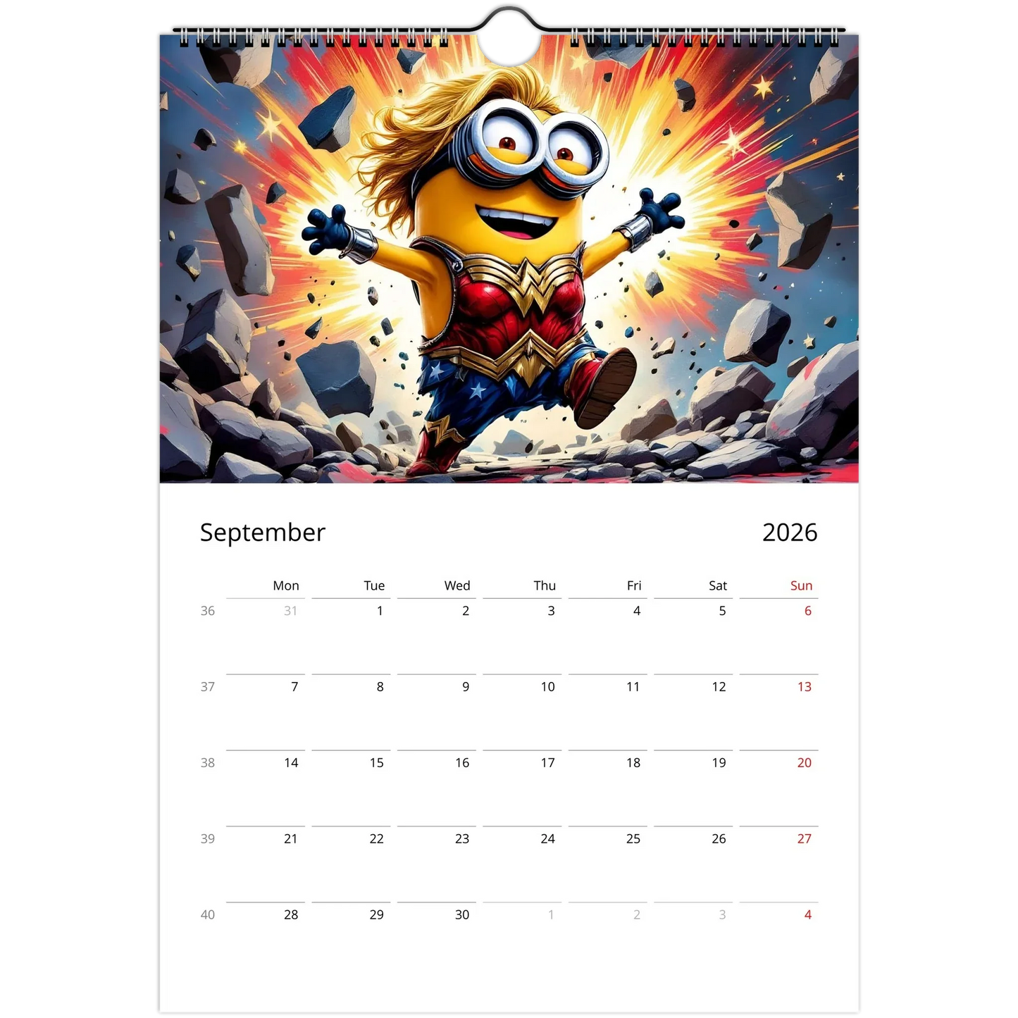 2026 Minions Superhero Wall Calendar featuring Minion dressed as superhero on glossy spiral-bound pages