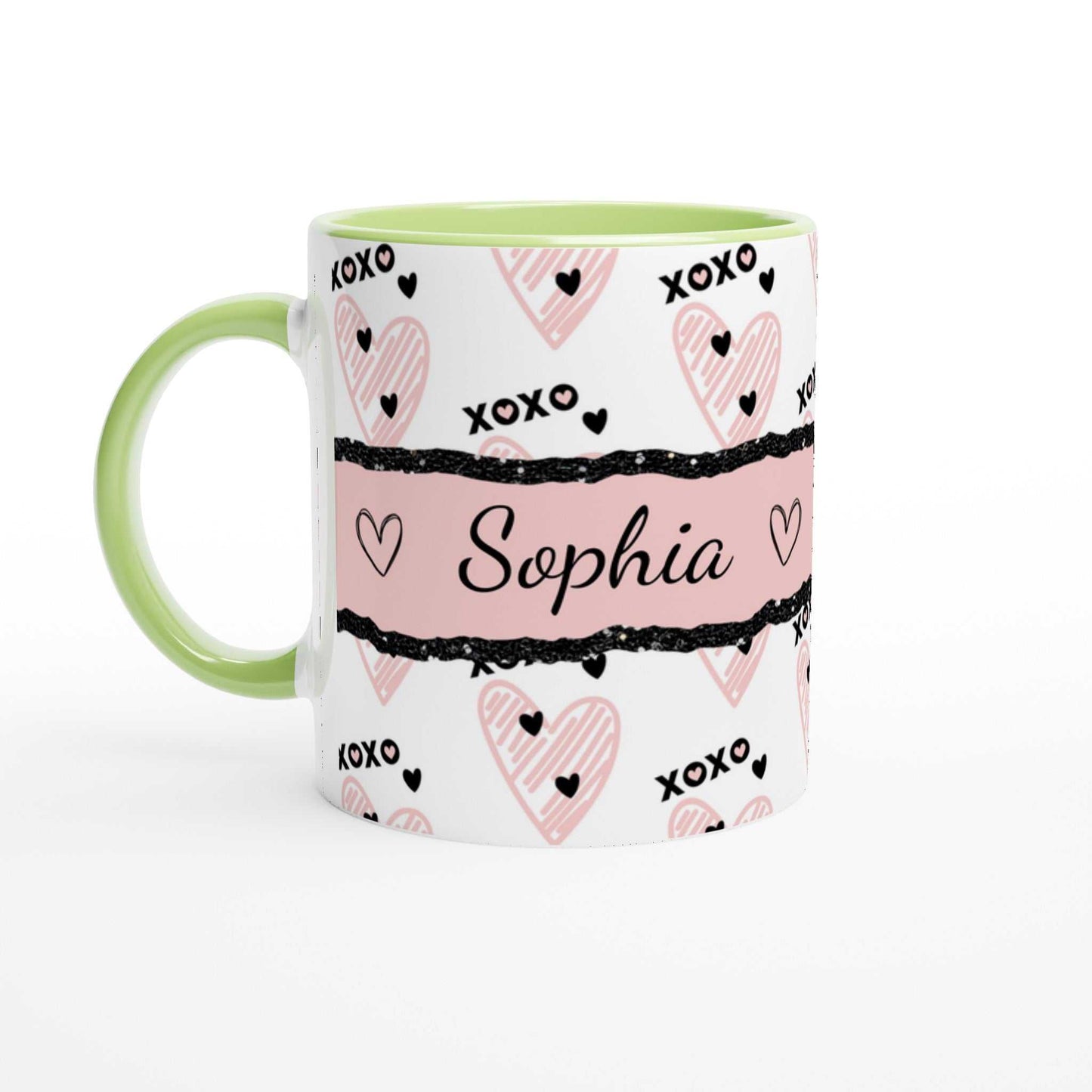 Personalised cute Valentines Day mug with heart design and green accents.