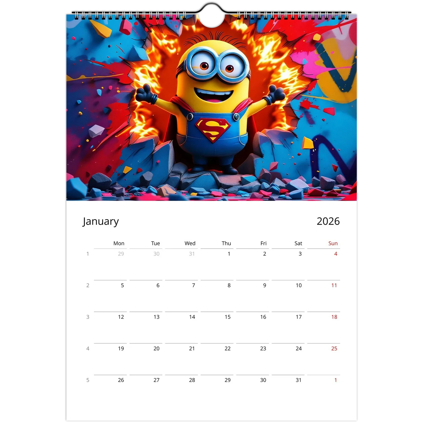 2026 Minions Superhero Wall Calendar with vibrant superhero Minion illustration and large date squares.