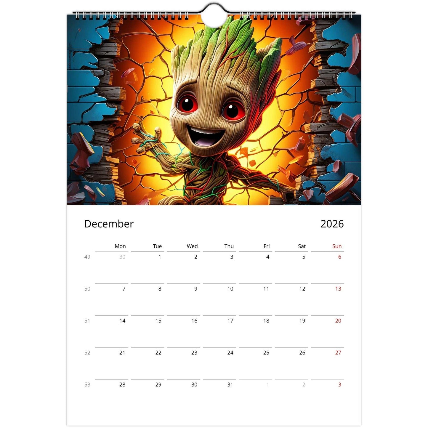 Superhero Calendar 2026 December page featuring vibrant comic-style Groot design with spiral binding and note spaces.