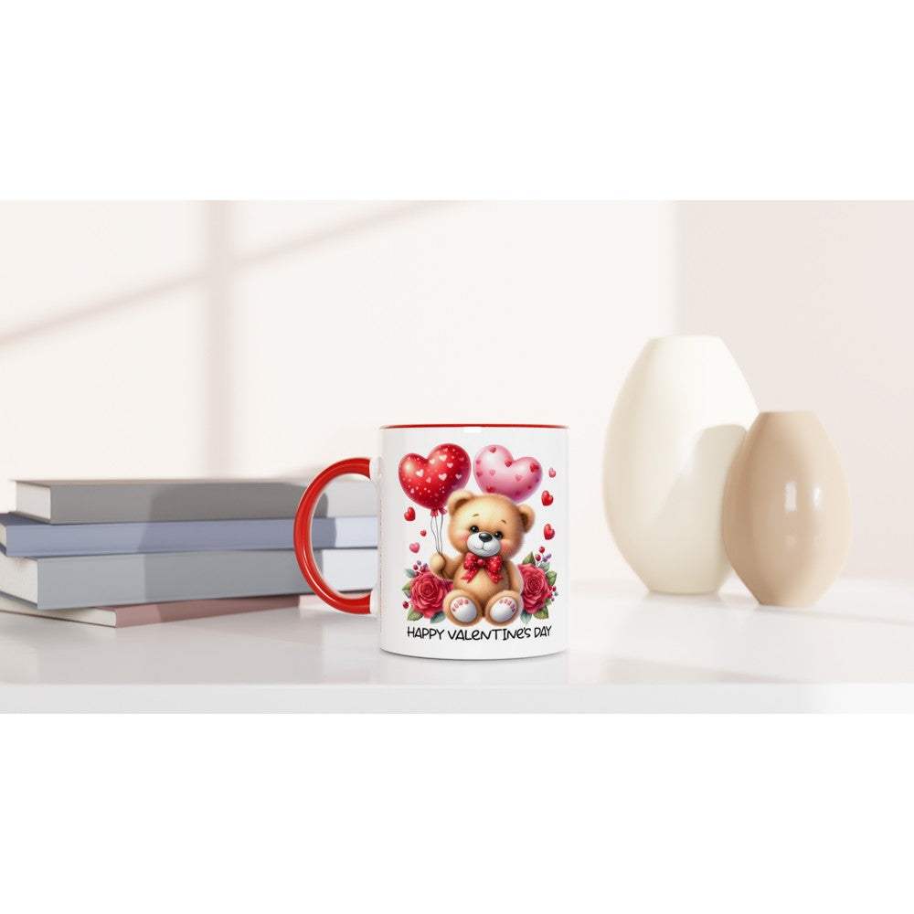 Cute Valentine's Day mug with teddy bear design, ceramic coffee cup, perfect gift.