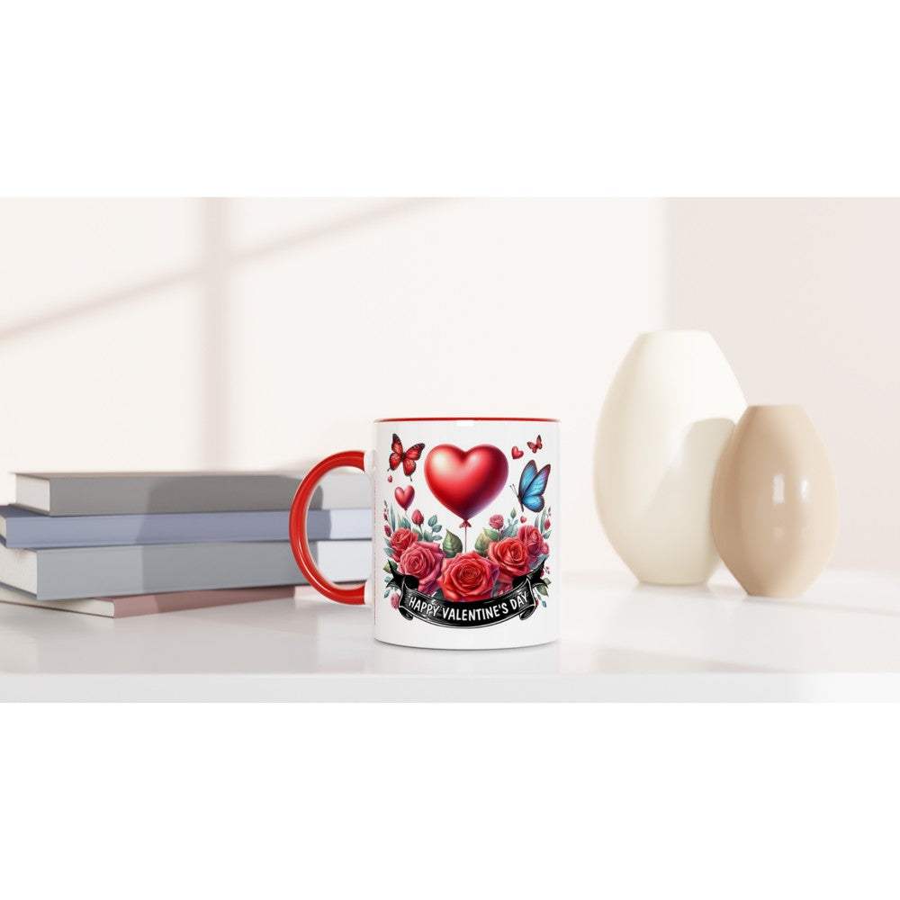 Valentines Day mug with vibrant heart and floral design, ceramic, colored rim, suitable gift.