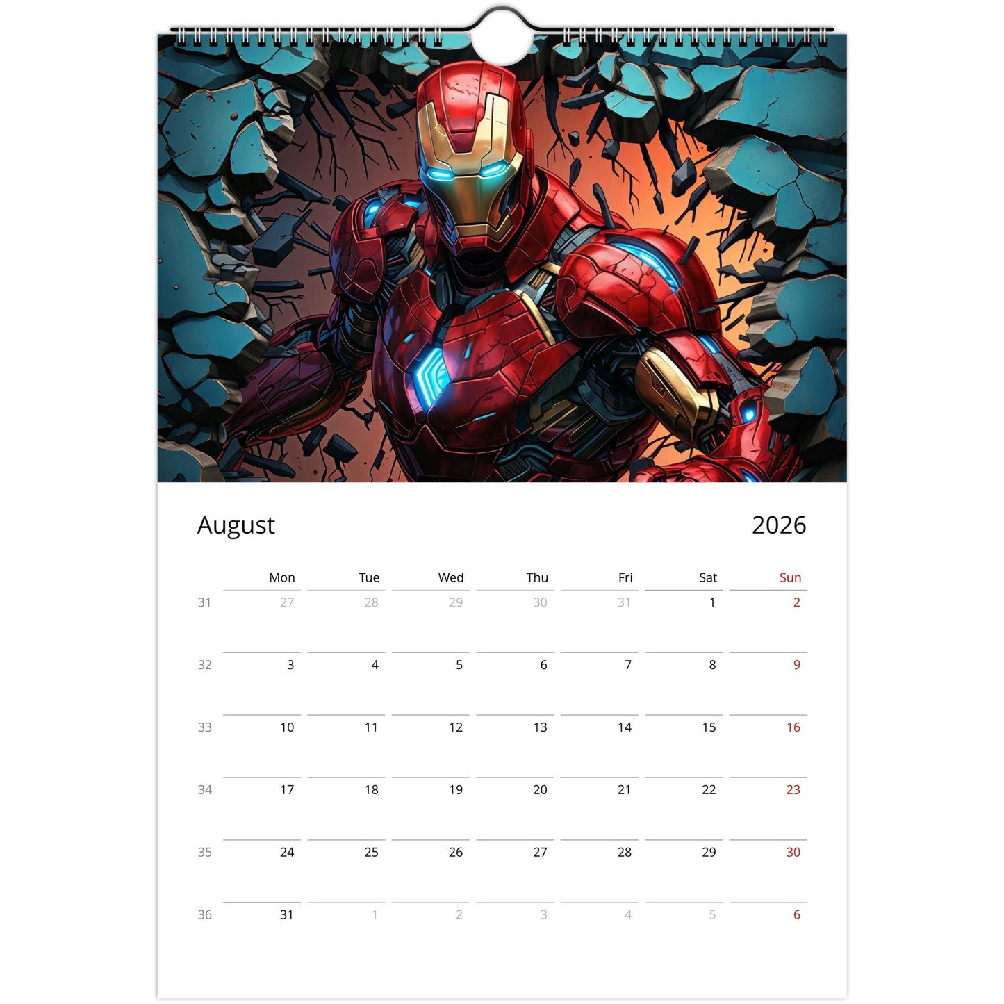 Superhero Calendar 2026 August page with comic-style Iron Man illustration and dates for notes and reminders.