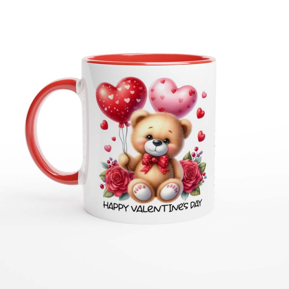Cute Valentines Day Mug with teddy bear and heart design, ceramic coffee cup, perfect gift.