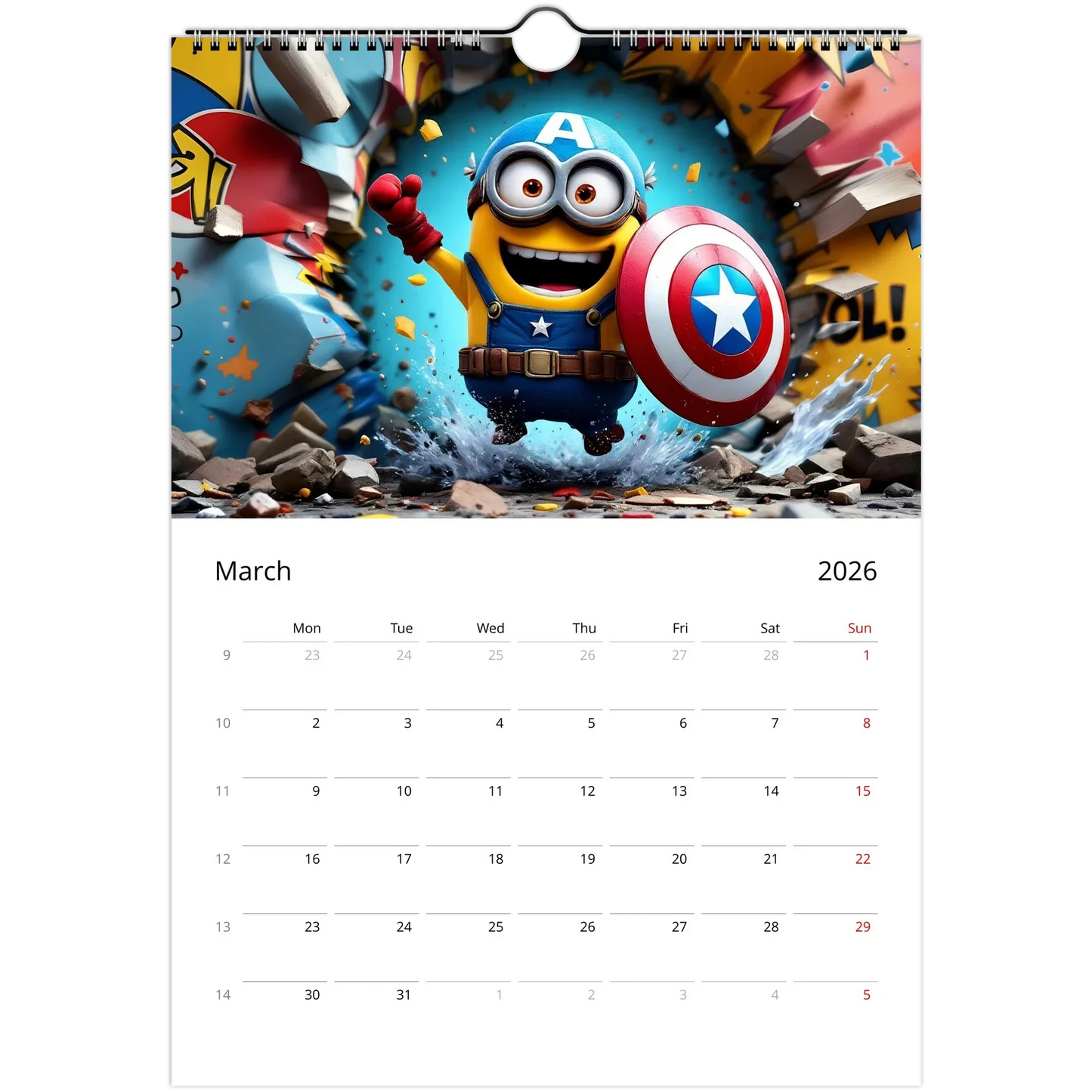 Minions Superhero Wall Calendar 2026 featuring a Minion dressed as a superhero with Captain America shield and glossy, colorful monthly pages