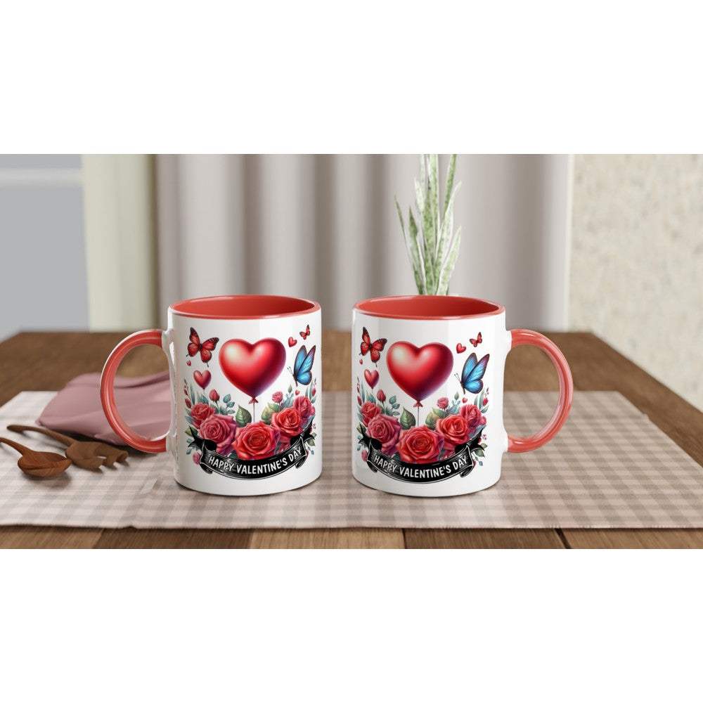 Valentines Day mug with vibrant heart and rose design, colored rim, and handle, ideal lovely gift.