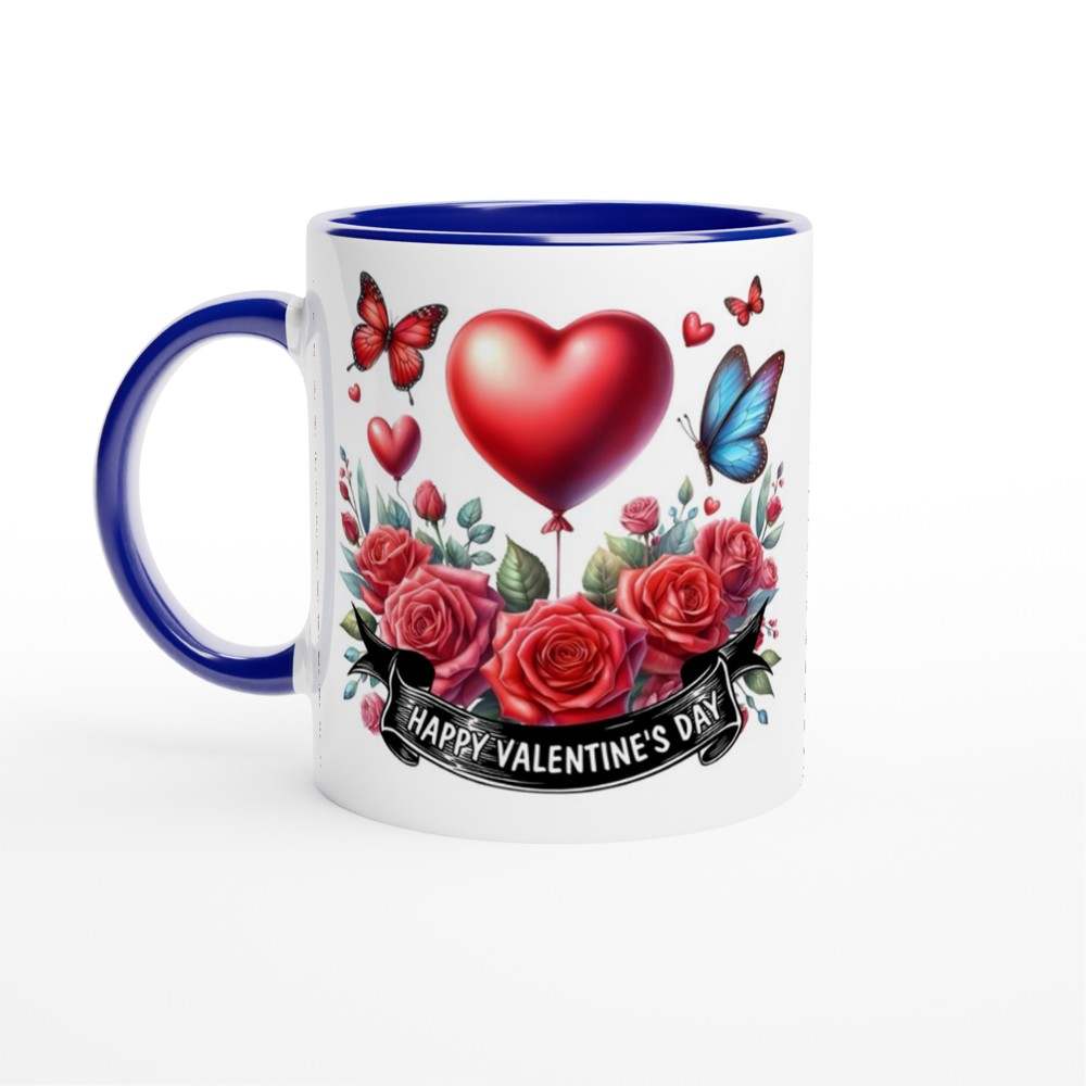 Valentines Day ceramic mug with heart and rose design, lovely gift.