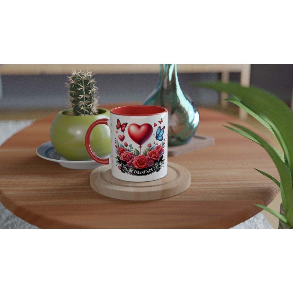 Valentines Day mug with vibrant heart and floral design, red rim and handle, perfect lovely gift.
