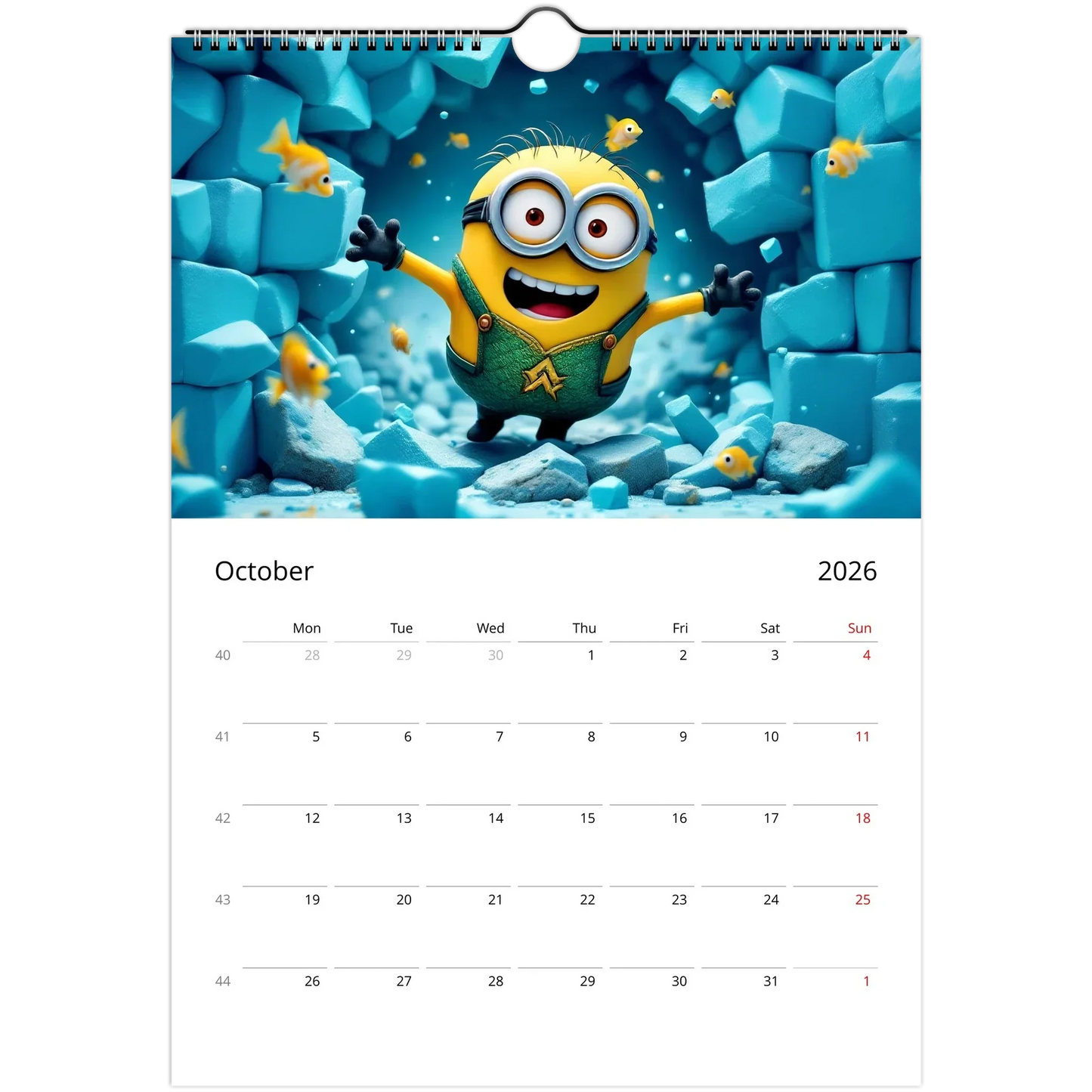 2026 Minions Superhero Wall Calendar featuring colorful superhero-themed Minions with large date squares and spiral binding
