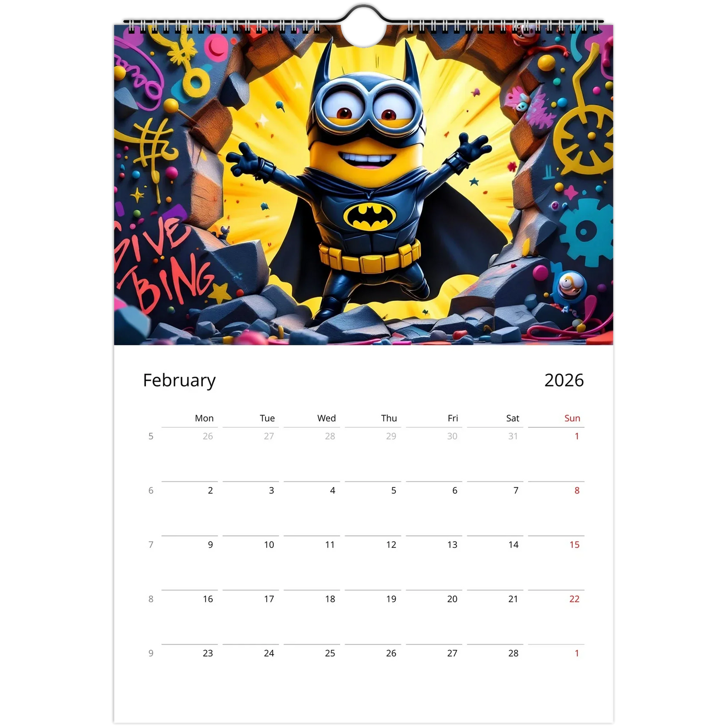 Minions Superhero Wall Calendar 2026 featuring a Minion dressed as Batman with vibrant superhero-themed illustrations on glossy A4 pages and spiral binding.