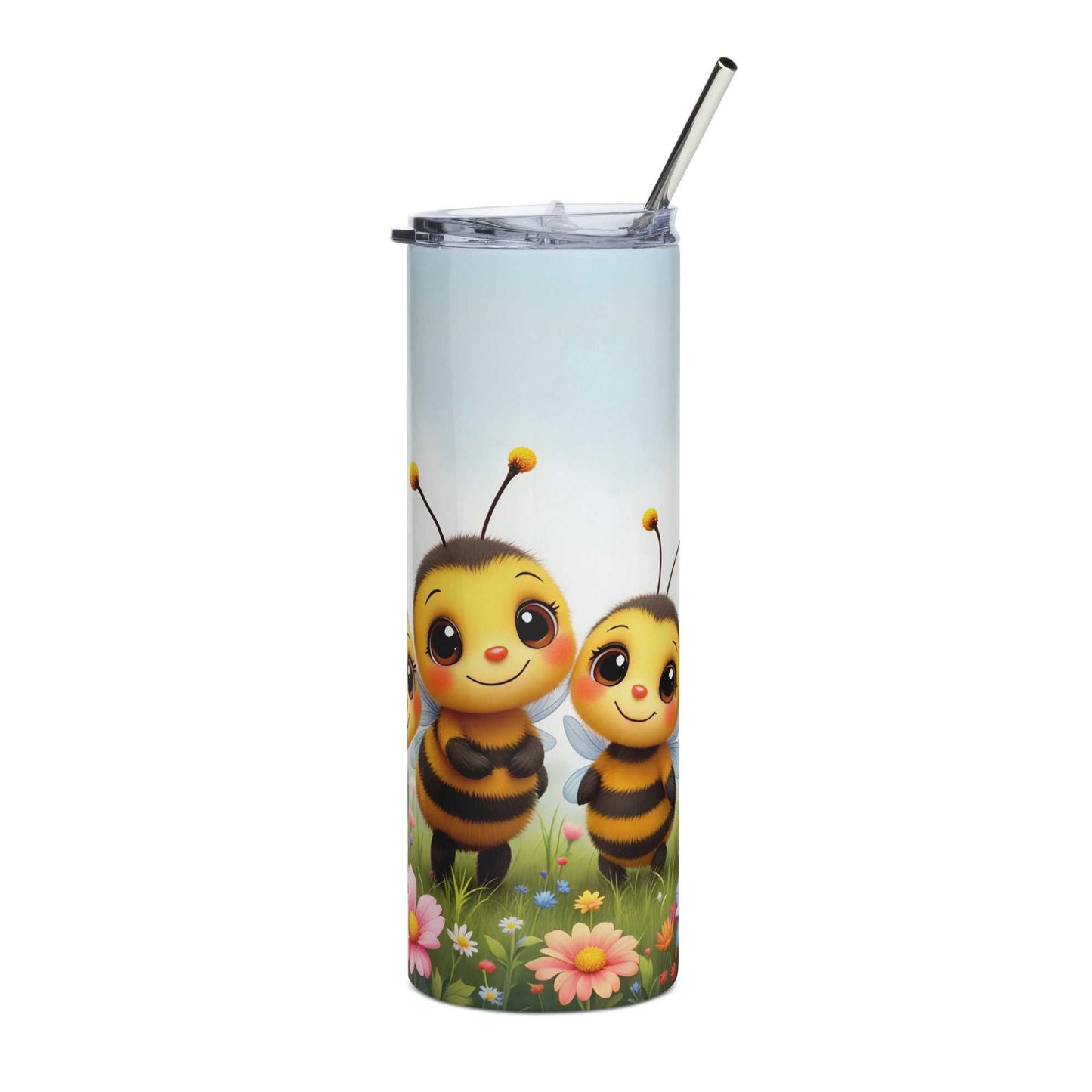20oz skinny tumbler with cute cartoon bumble bee wrap featuring flowers and pastel background design
