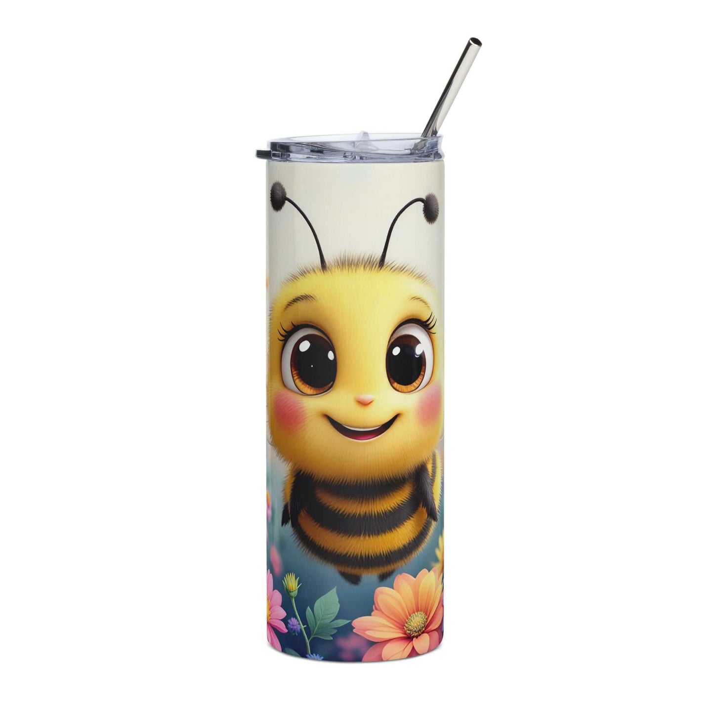 20oz skinny tumbler wrapped with a cute smiling bumble bee design featuring flowers and butterflies for spring sublimation projects