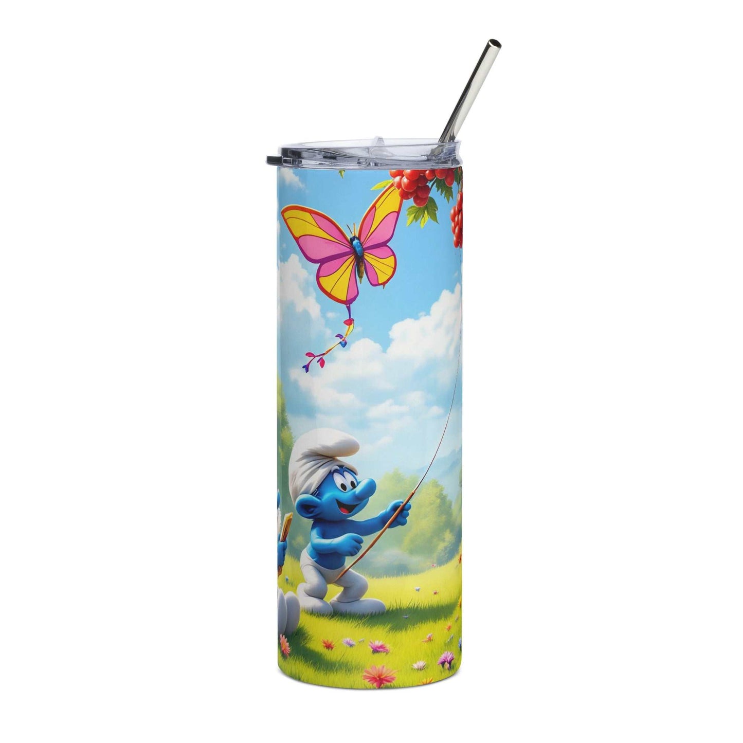 20oz skinny tumbler featuring a colorful Smurf cartoon design with a butterfly and forest scene, ideal for sublimation printing and fans of classic animated characters