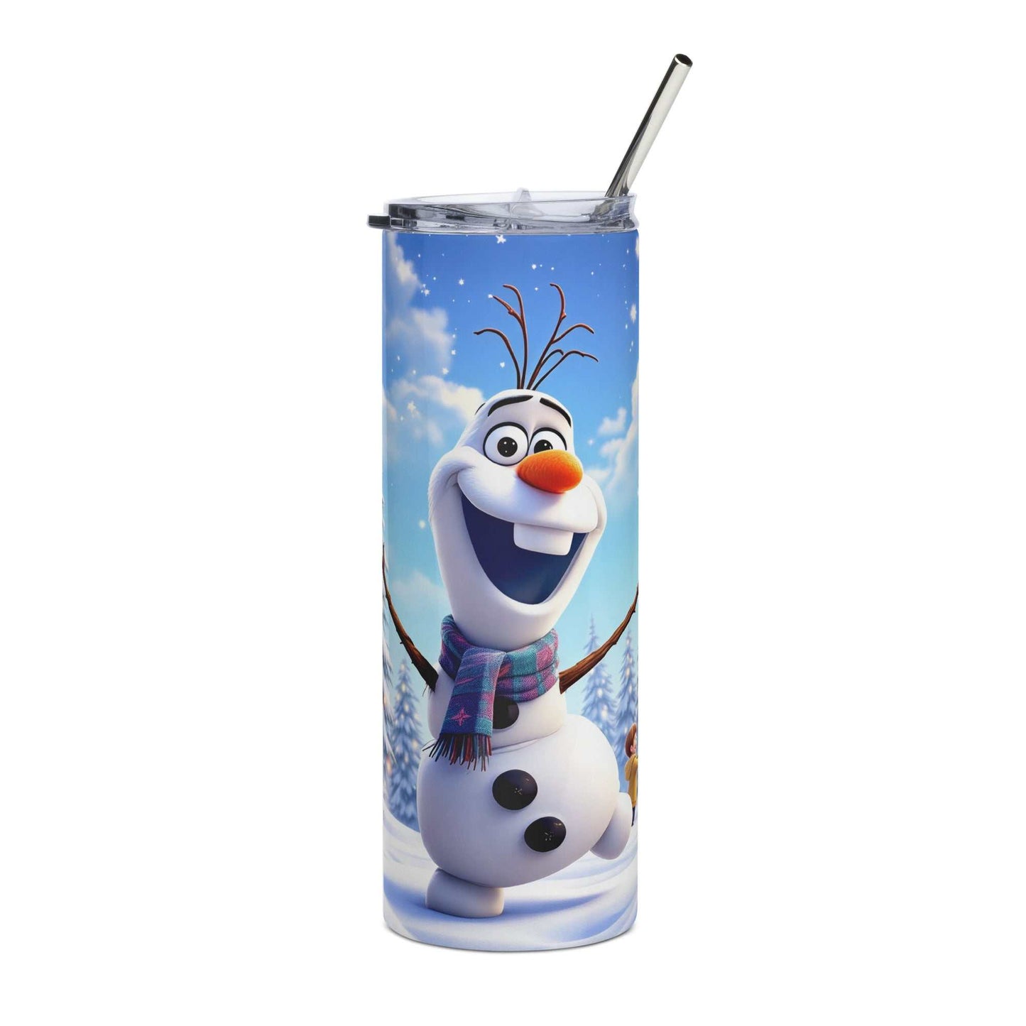 20oz skinny tumbler featuring Olaf snowman wrap with winter snowflakes and blue sky design