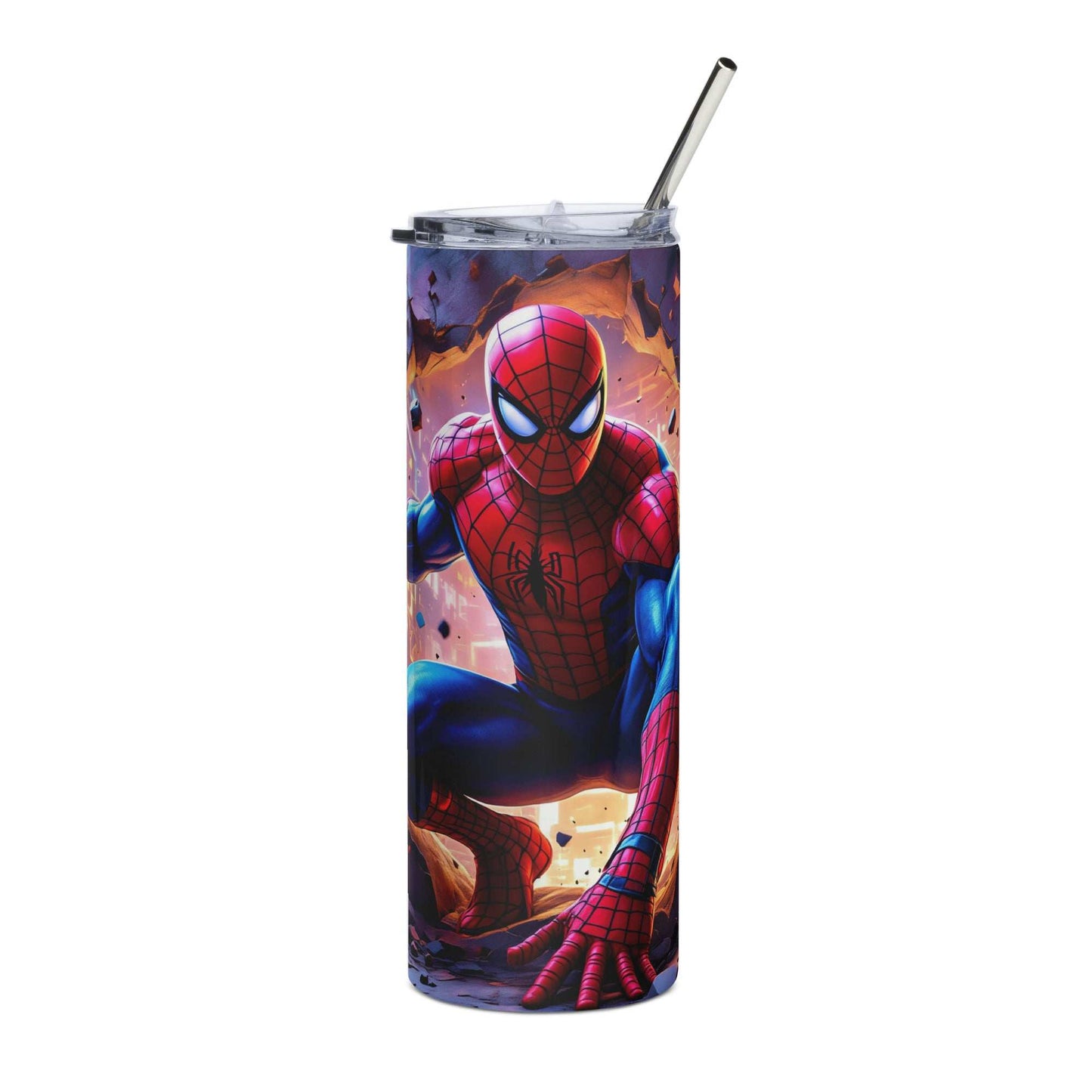 Spider-Man themed 20oz skinny tumbler wrap featuring vibrant red and blue web-slinger design with cityscape background and dynamic spider emblem