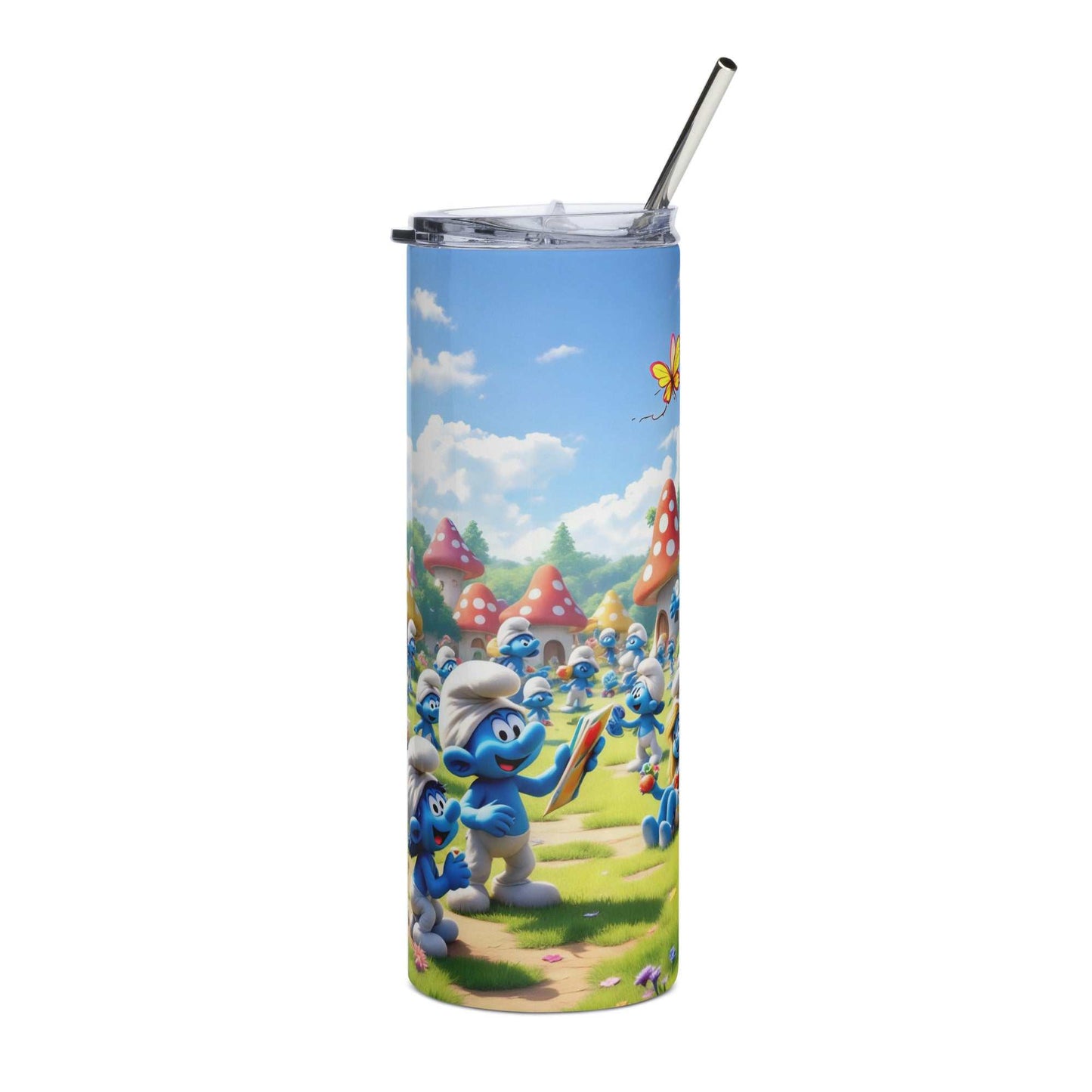 20oz skinny tumbler with colorful Smurfs themed wrap featuring blue Smurf characters and mushroom houses in a vibrant cartoon design