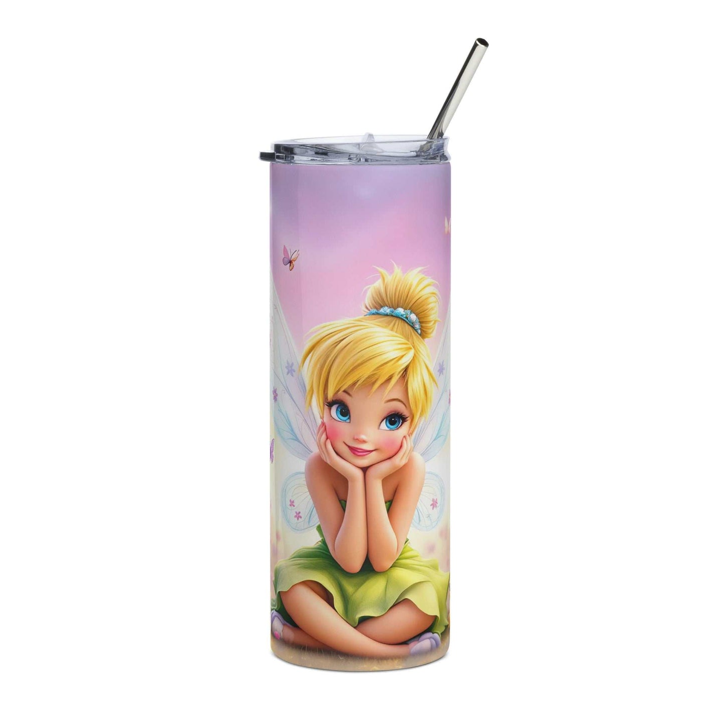 20oz skinny tumbler wrapped with vibrant Tinkerbell sublimation design featuring fairy dust on a glossy finish