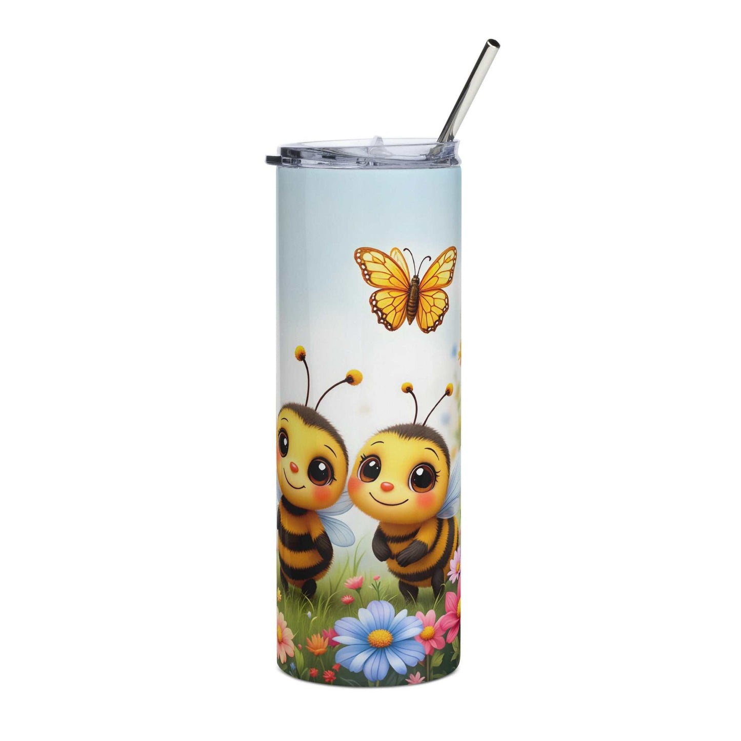 20oz skinny tumbler with cute bumble bee and flower wrap design featuring butterflies and pastel background
