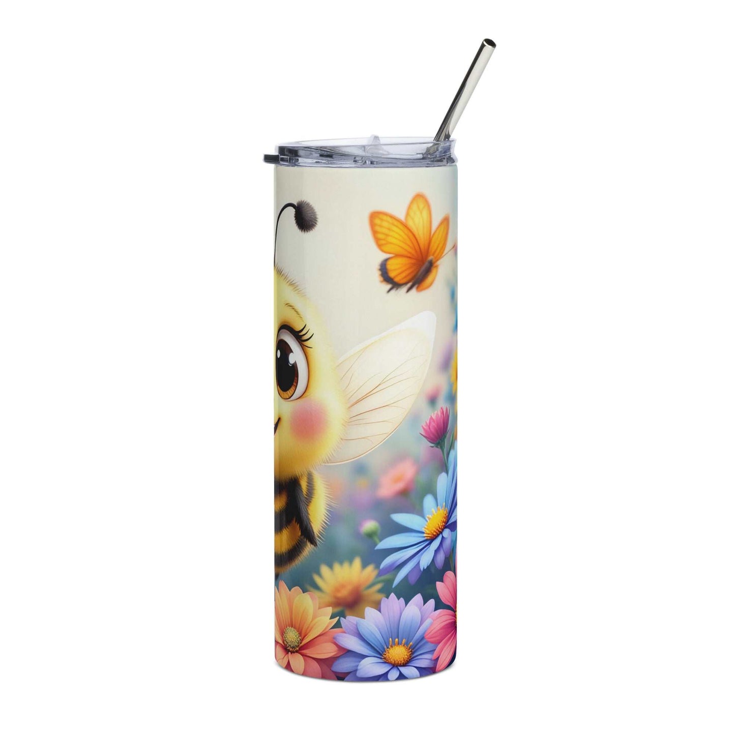 20oz slim tumbler with a smiling bumble bee, colorful flowers, and butterflies spring design wrap