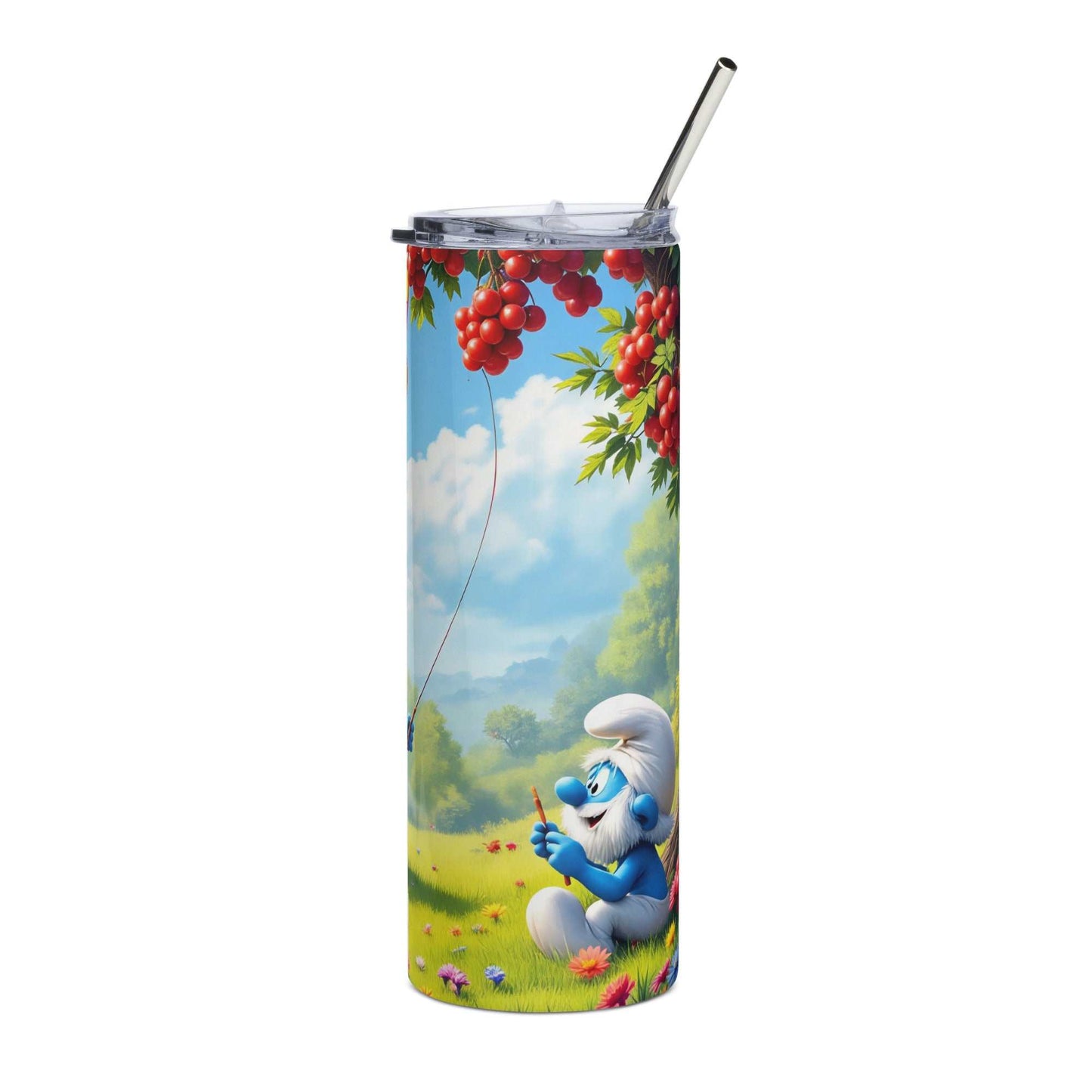 20oz skinny tumbler with colorful Smurf tumbler wrap PNG featuring blue cartoon character in a whimsical forest with mushrooms and flowers for sublimation design