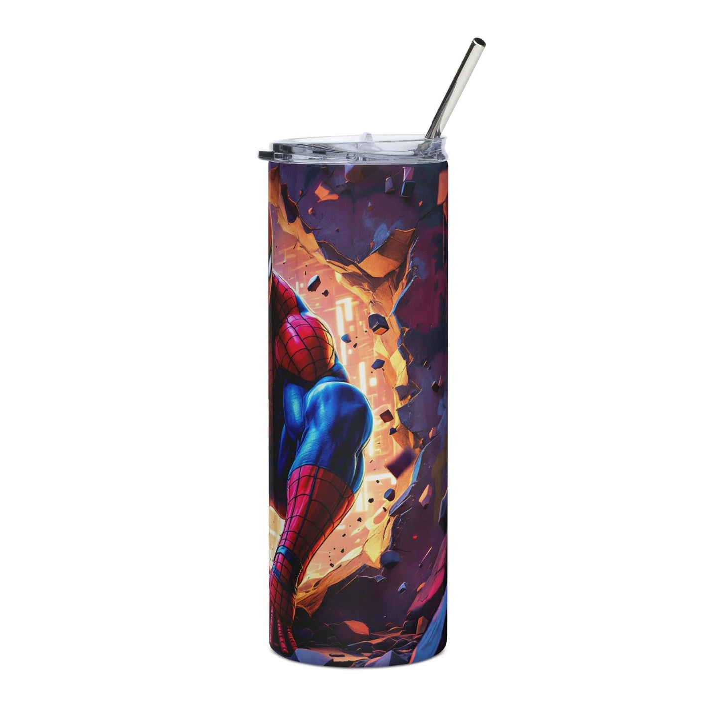 Spider-Man tumbler wrap design featuring vibrant red and blue colors, web textures, and dynamic action scene on 20oz skinny tumbler